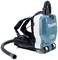 Blue and white backpack vacuum cleaner by Makita. It features a suction hose on the top and an ergonomically designed carrying mechanism.