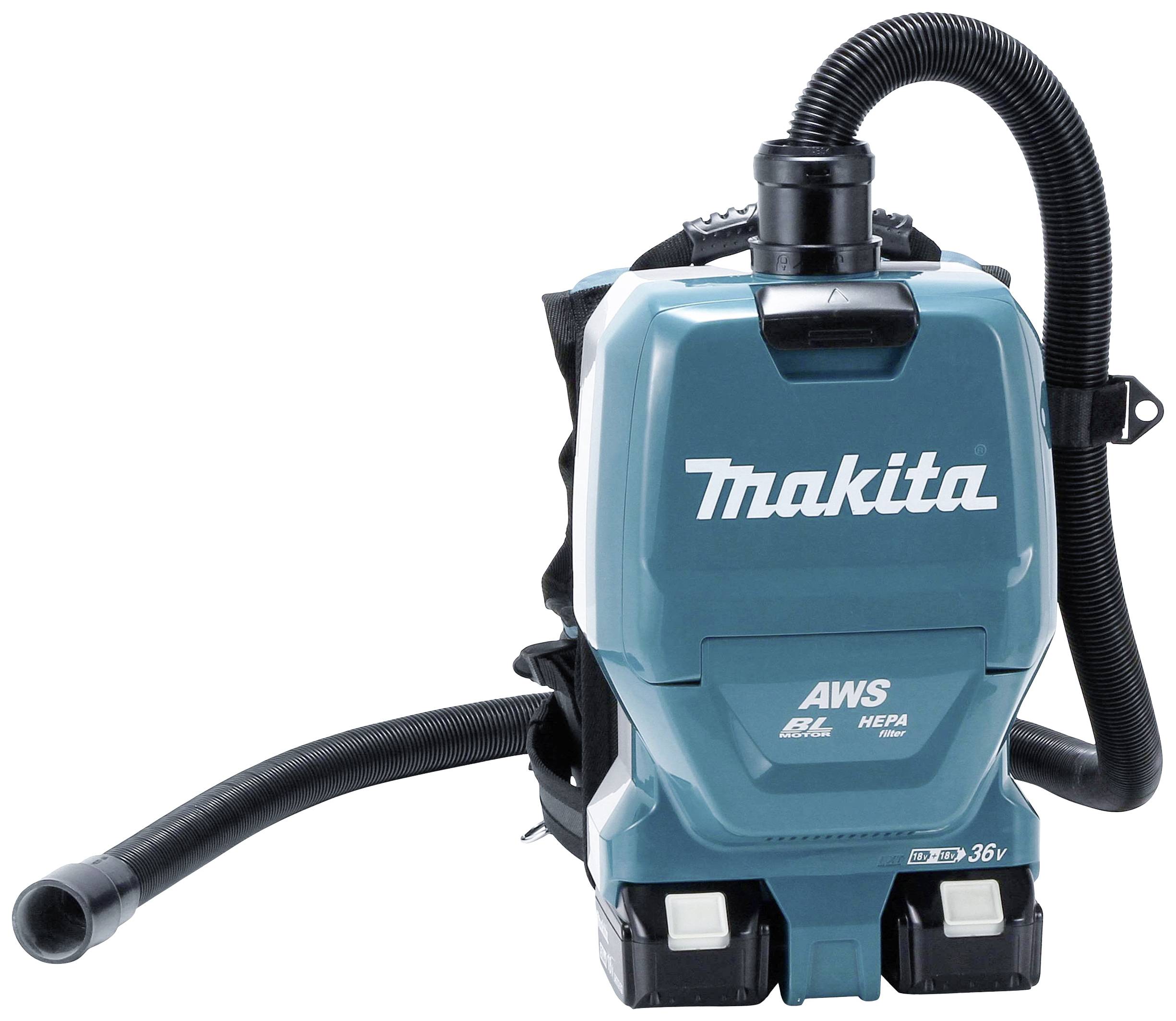 Cordless backpack vacuum cleaner in blue with hose and carrying straps. Brand name and model information are visible.