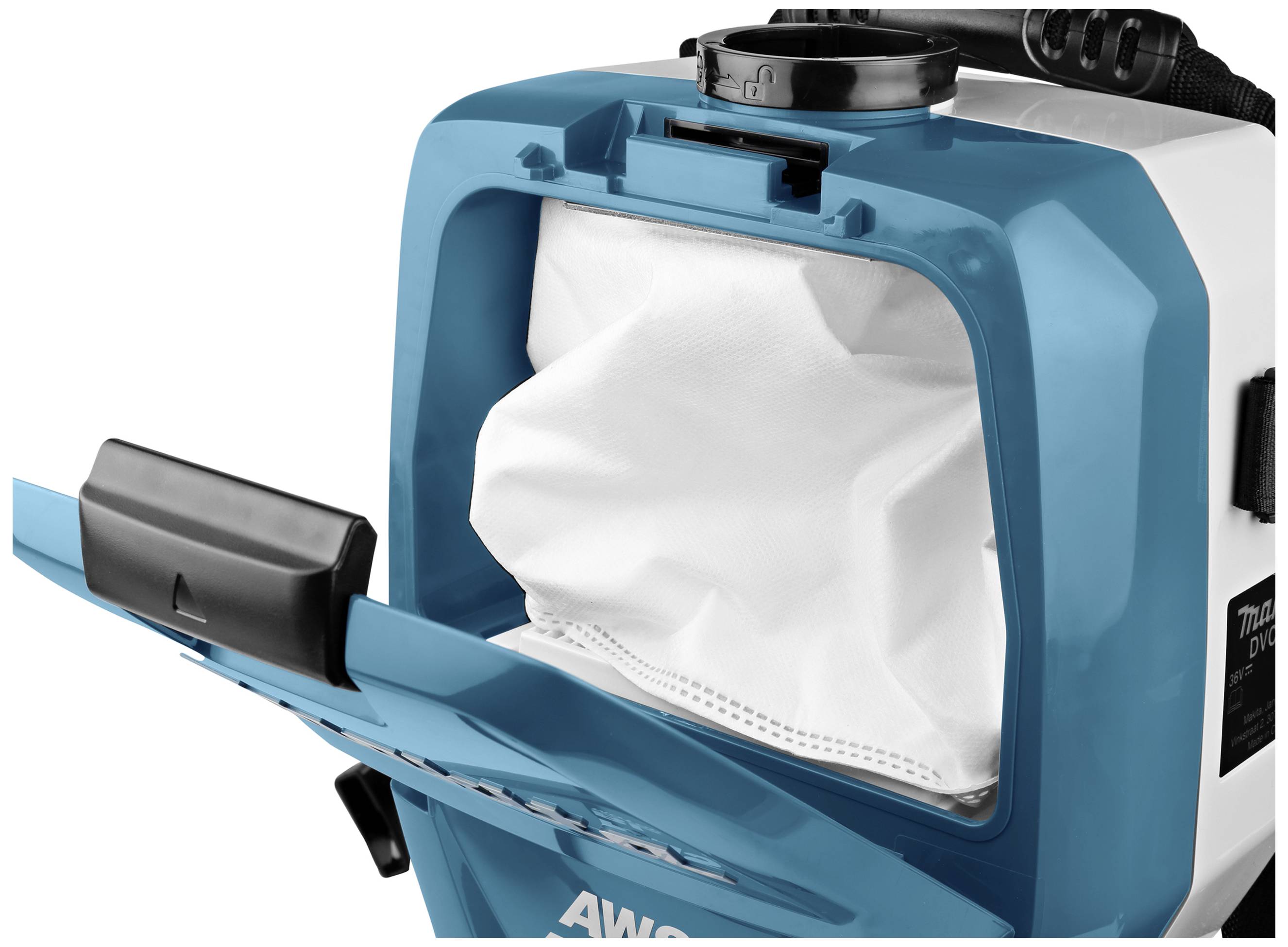 A vacuum cleaner with an open flap, showing the inserted dust bag. The appliance is finished in blue and white.