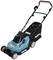 A blue, battery-powered lawnmower with a black handle and grass collector, suitable for medium-sized gardens.