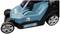 A blue lawnmower with large wheels, suitable for a cutting width of 380 mm and with 36V power.