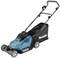 A blue electric lawnmower by Makita with a rear collection bag, folded handle, and four wheels.