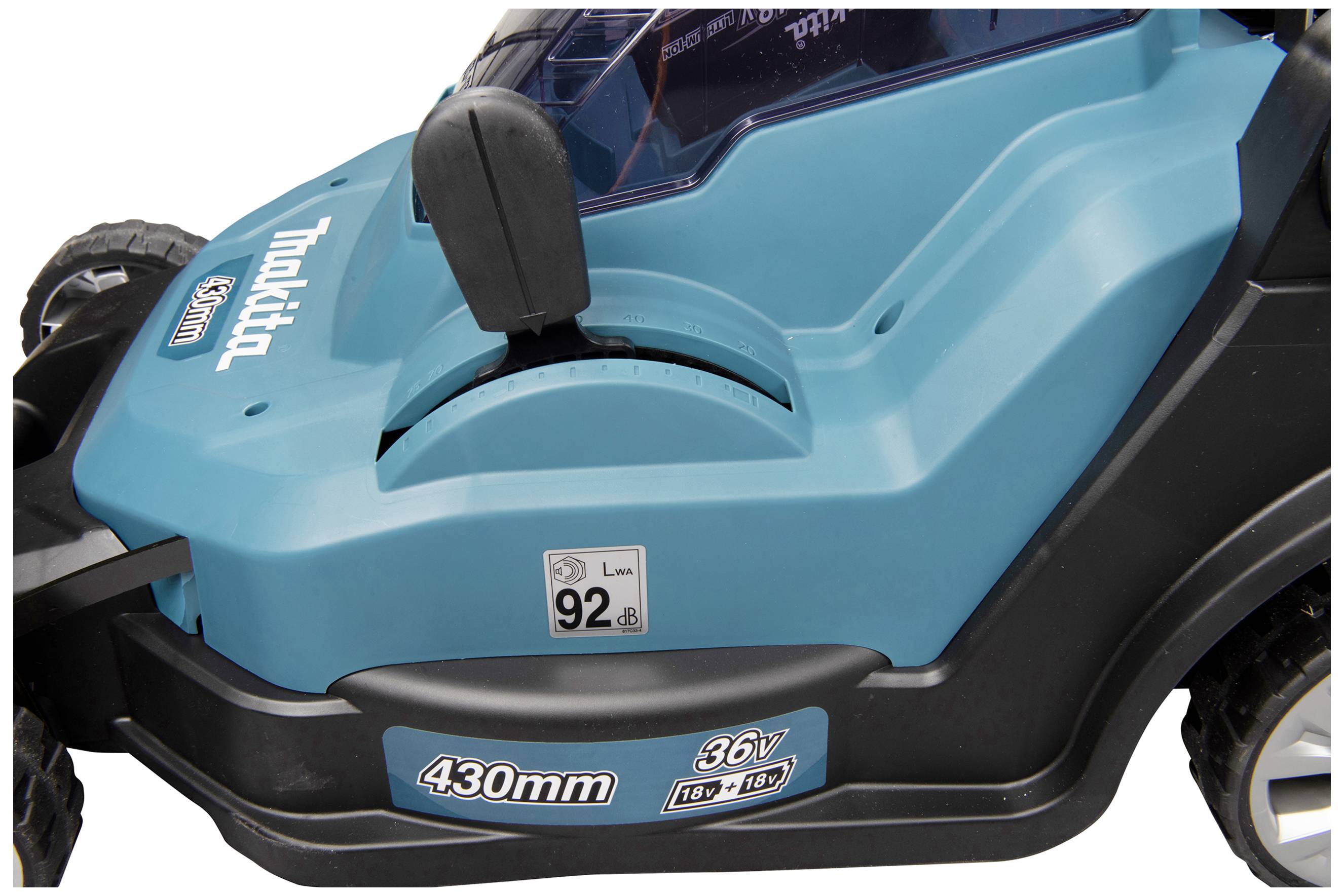 Lawn mower in blue and black with 430mm cutting width and 36V drive; close-up shot reveals details such as switches and brand logo.