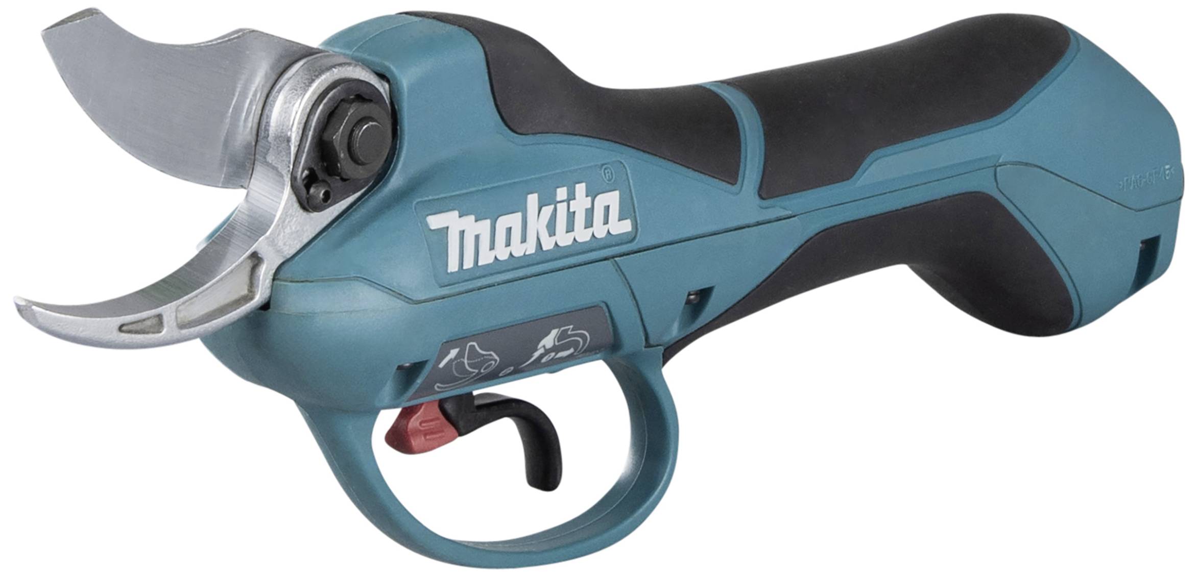Electric pruning shears by Makita with an ergonomic handle, sharp blades and blue colouring, suitable for garden work.