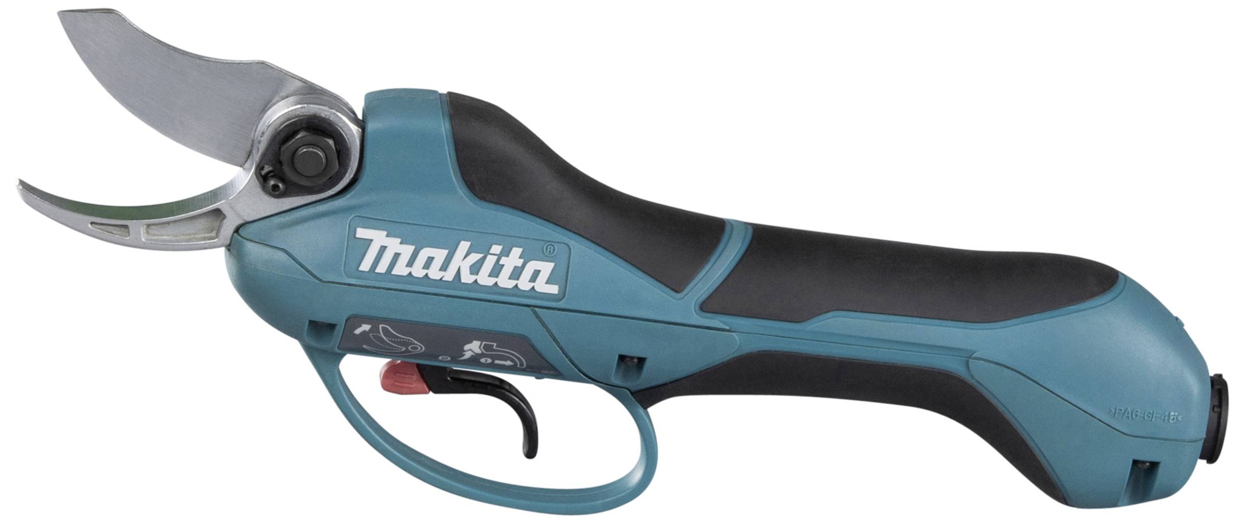 Electric pruning shears in blue and black with a red lever, suitable for garden work and cutting branches.