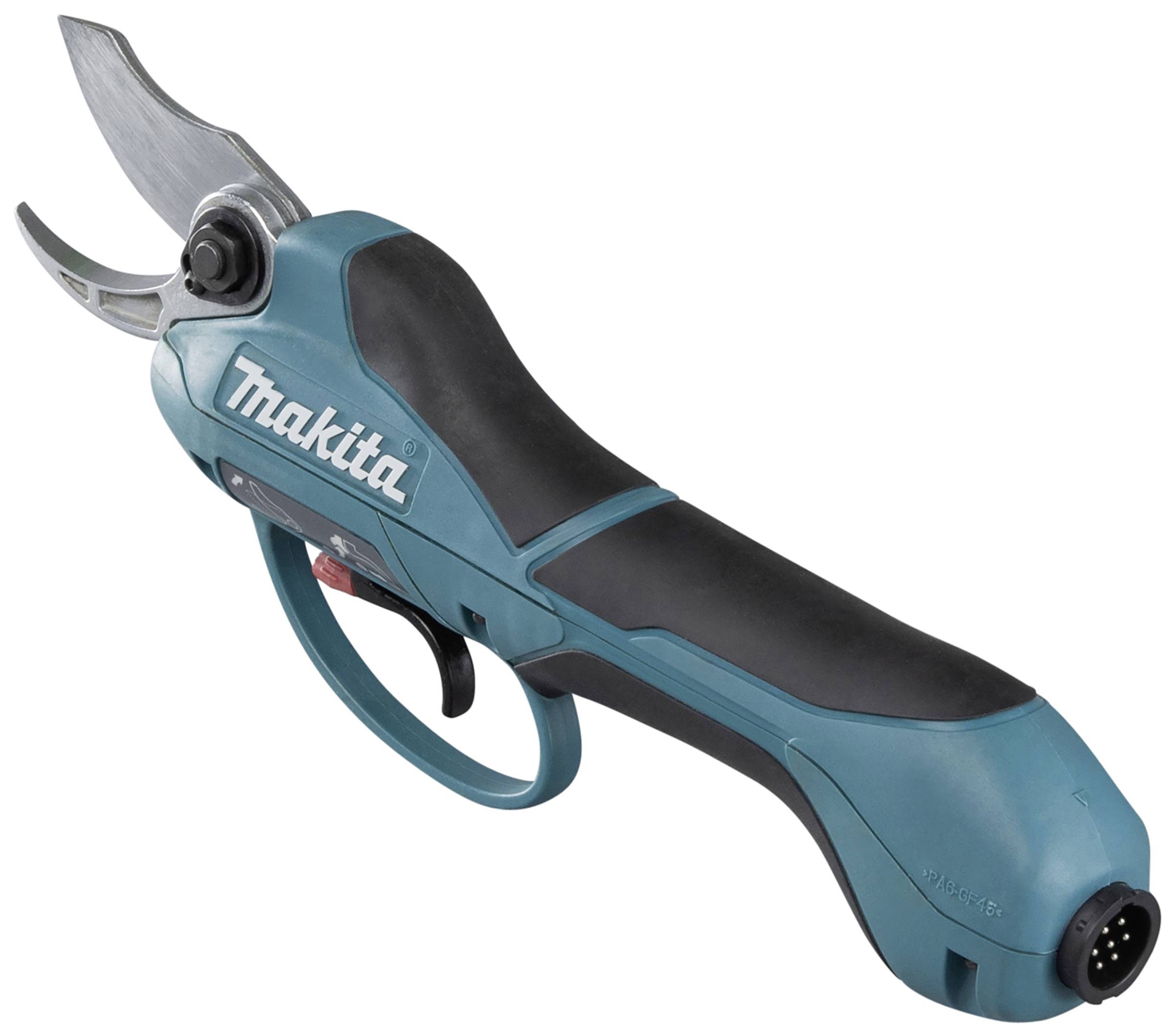 A blue and black electric garden cutting tool with blade, ergonomic handle and 'Makita' marking.