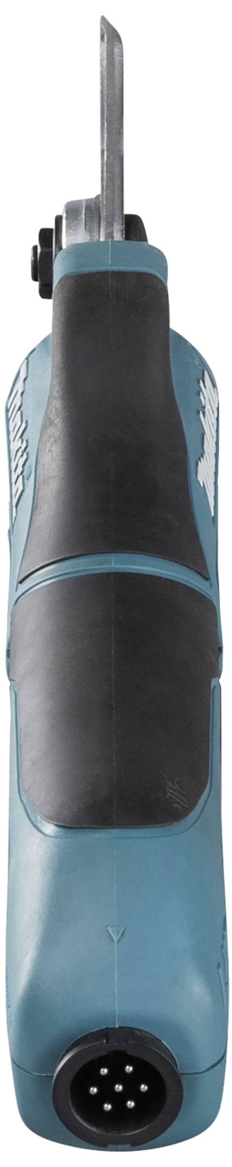 Electric jigsaw in vertical view, in blue and black. The main feature is the vertical saw blade at the top.