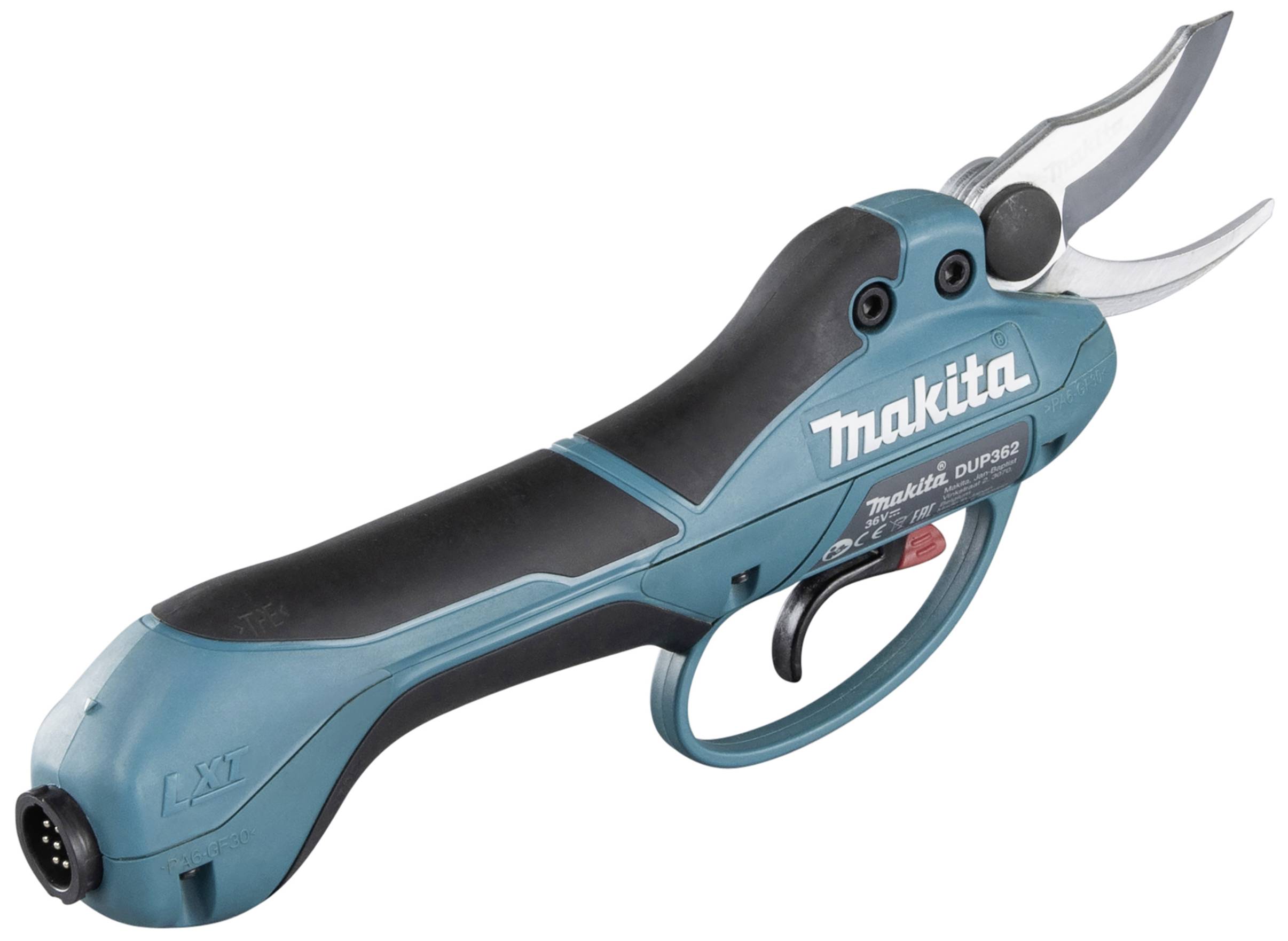 Battery-powered garden shears in turquoise, Makita brand, ergonomically shaped with a black handle and stainless steel blades. Suitable for precise trimming.