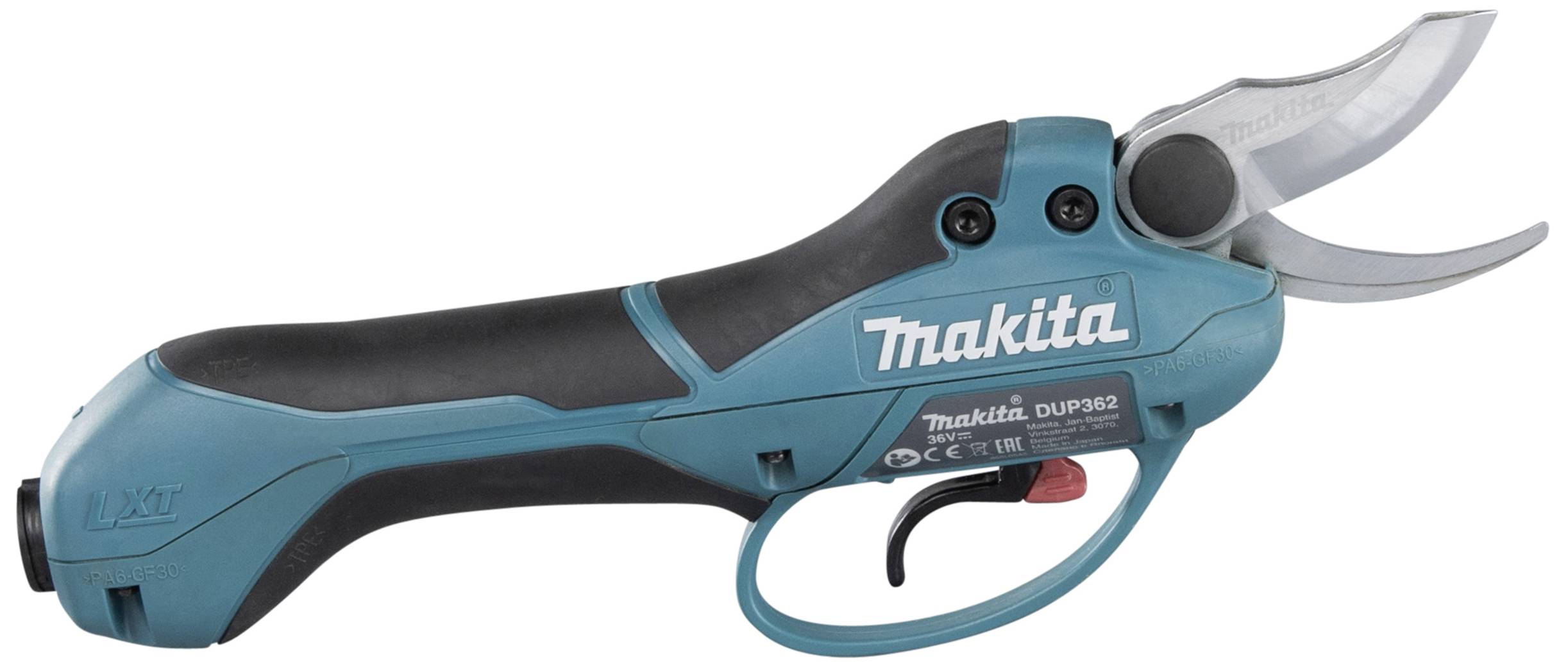 Electric pruning shears with a blue-black handle and sharp, curved blade. Suitable for precision cutting of branches and twigs.