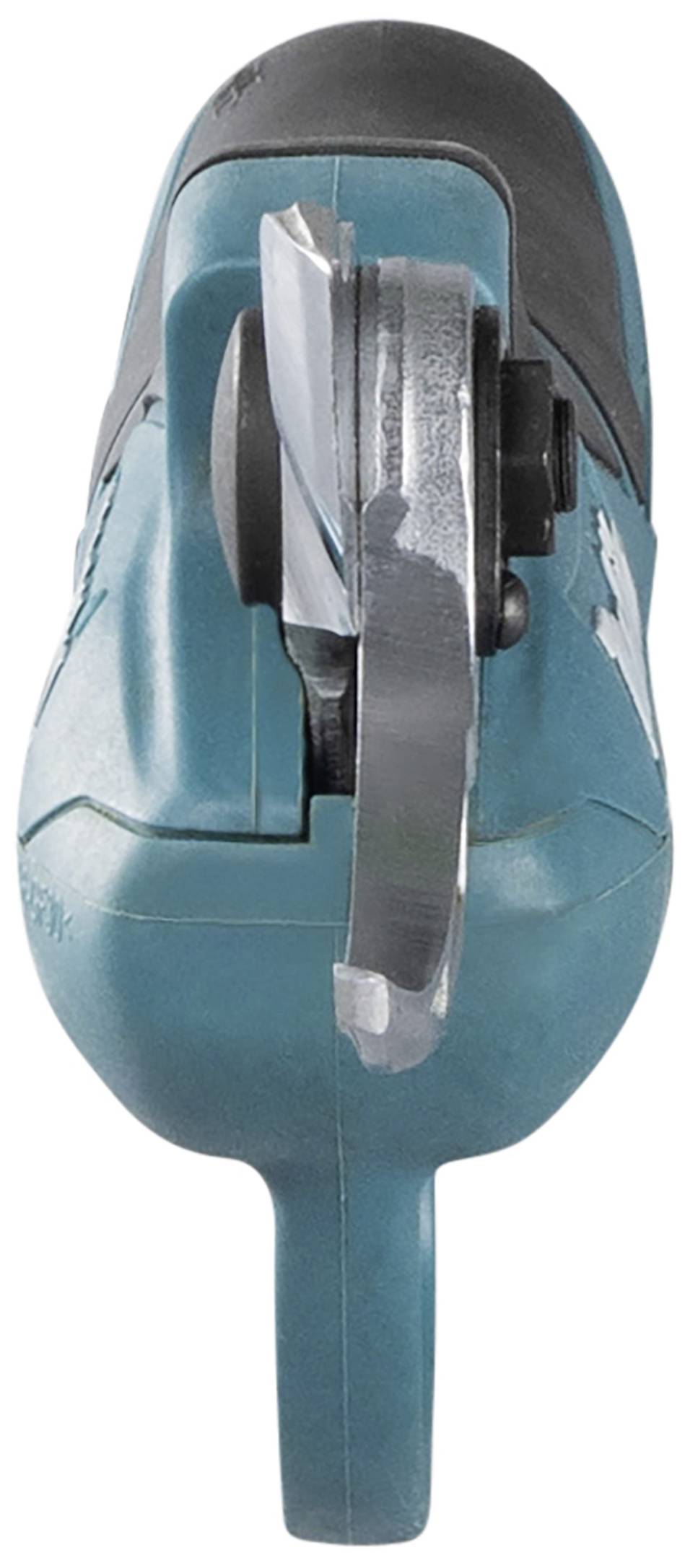 A blue electric hand circular saw viewed from the side, showing the blade and handle.