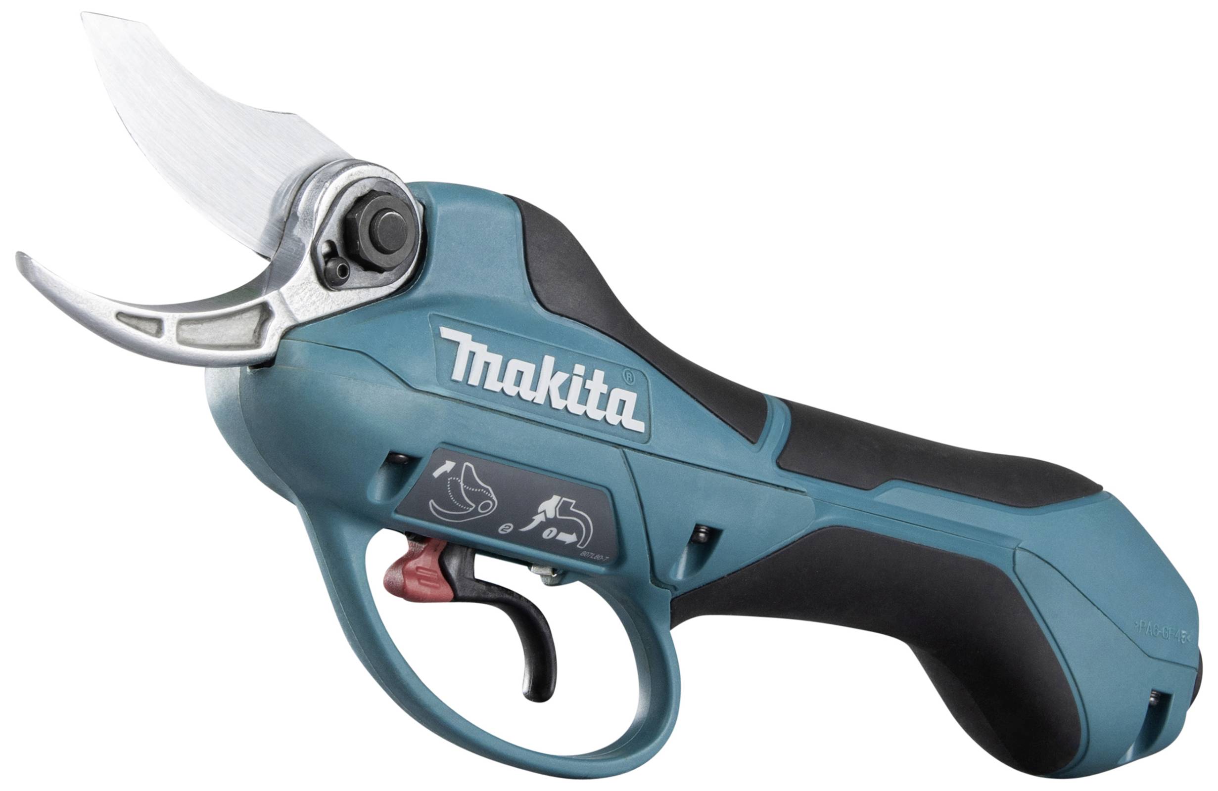 Electric garden secateurs with an ergonomic handle and curved blade, suitable for precise and powerful branch cutting.