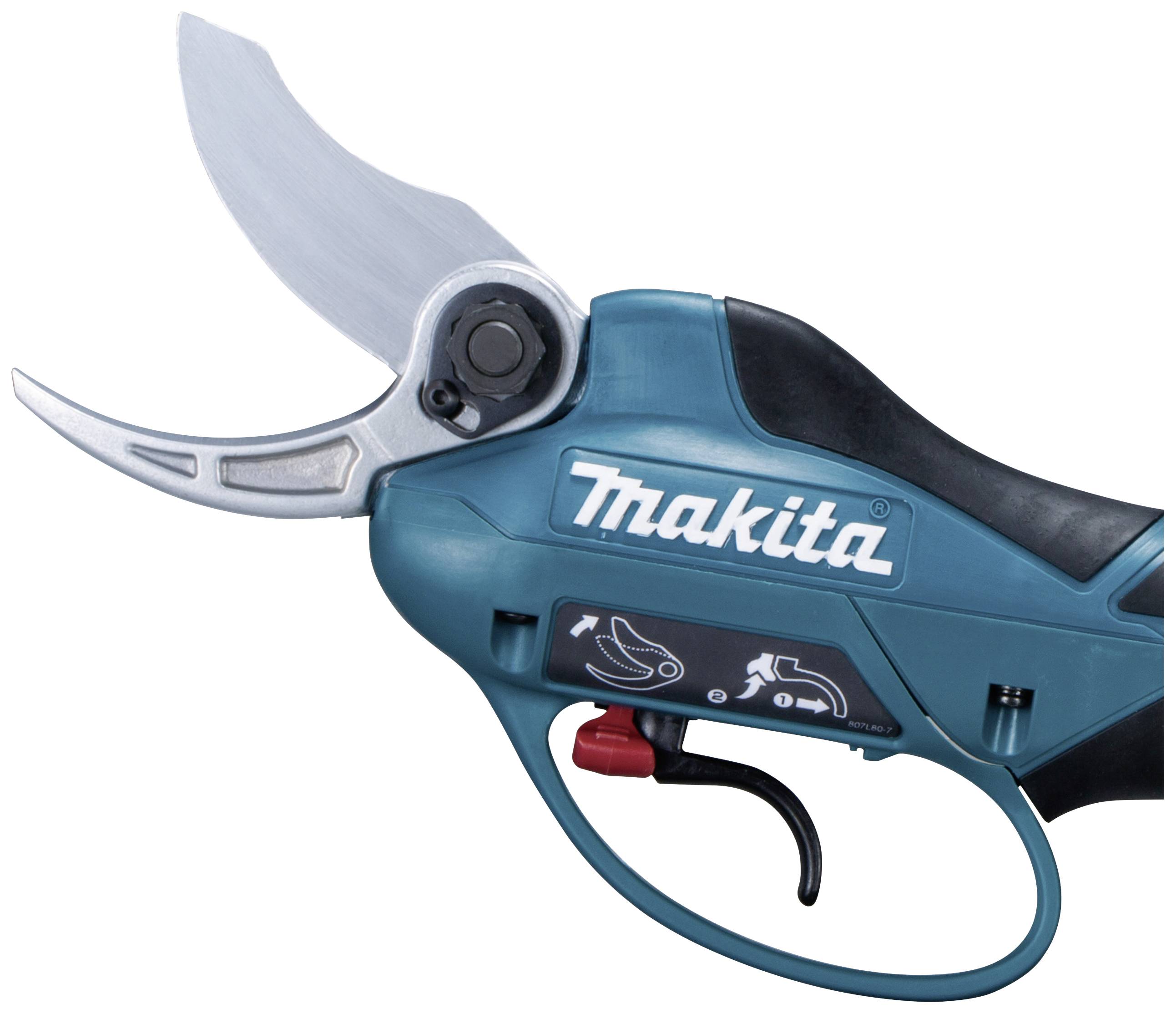 Electric pruning shears with a blue grip cover and silver blade, with the brand name 'Makita' printed on them.