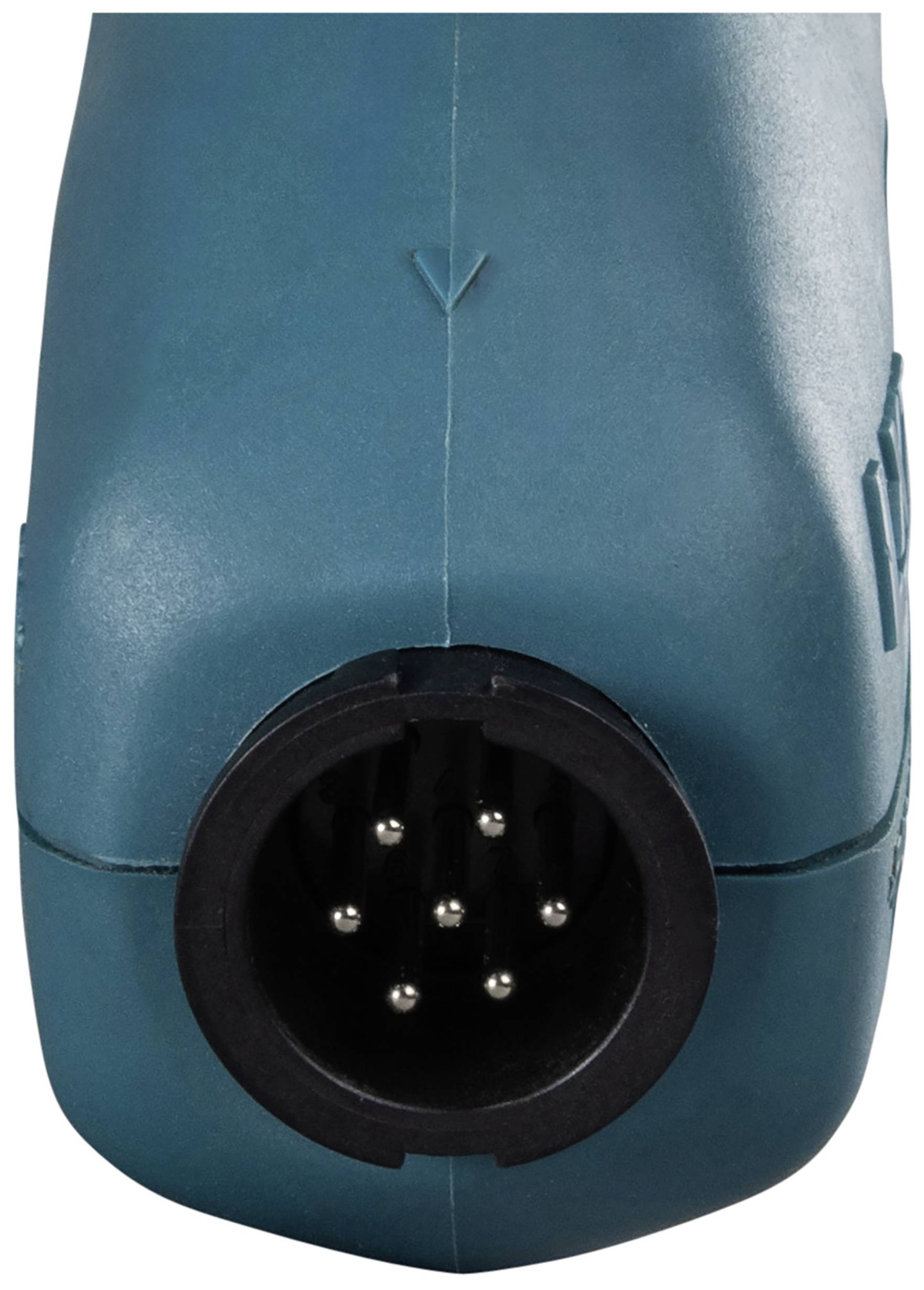 A blue plastic housing with electrical contact pins arranged in a circular configuration.