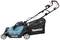 A blue lawnmower with a black grass collector and adjustable handle. Branded 'Makita'. Suitable for garden work.