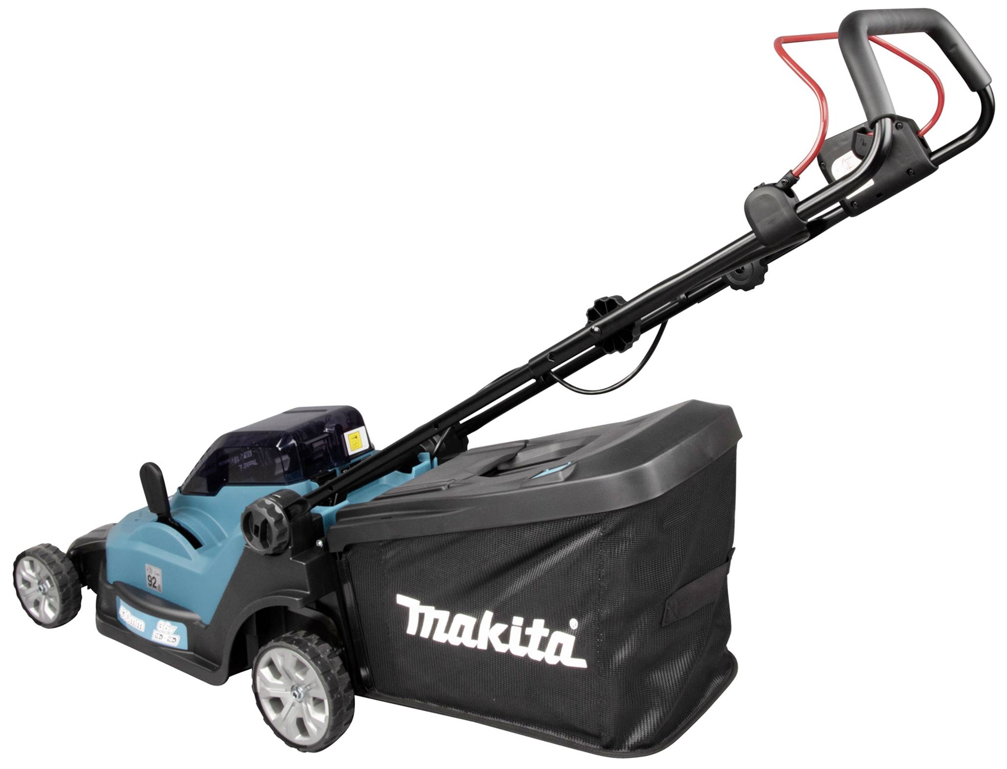 Makita electric lawn mower with blue casing and grass collection box. Suitable for precise lawn mowing in small gardens.