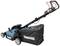 Makita electric lawn mower with blue casing and grass collection box. Suitable for precise lawn mowing in small gardens.