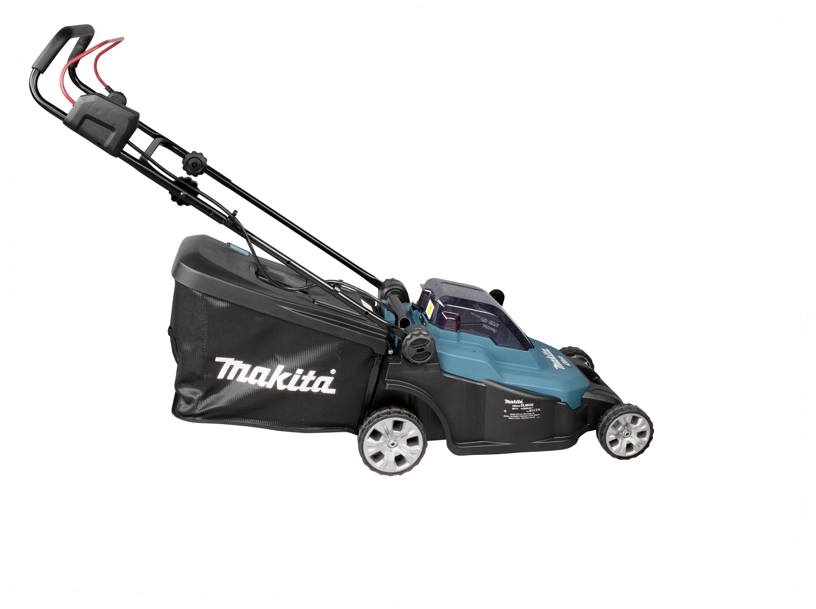 An electric lawnmower with blue and black elements, photographed from the side on the left. The handle is coloured red at the top.
