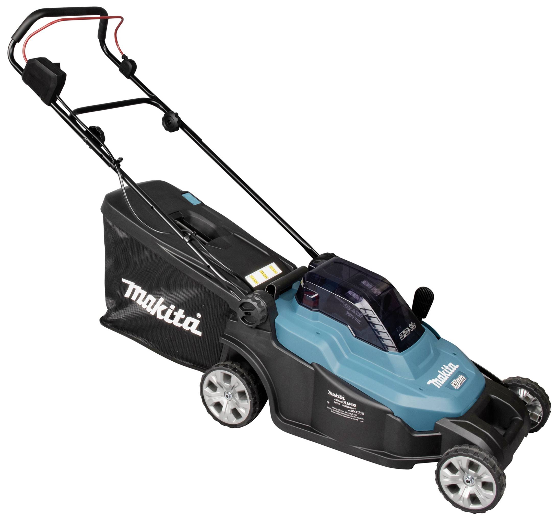 Electric lawnmower in blue and black with grass collection box. Marked buttons and levers on the handle. Brand name 'Makita' visible.