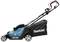 Blue electric lawnmower by Makita with a black and red handle and grass collection box, shown sideways on a white background.