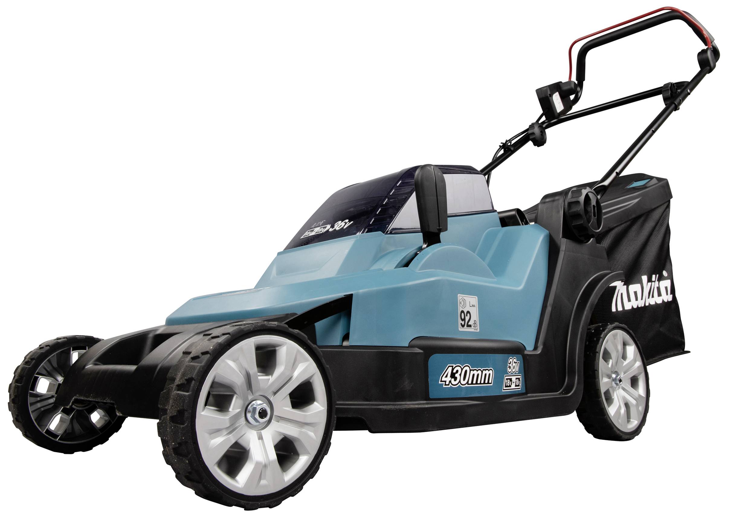 A blue lawnmower with large wheels and a black grass collection box. On the side it reads '430 mm'.