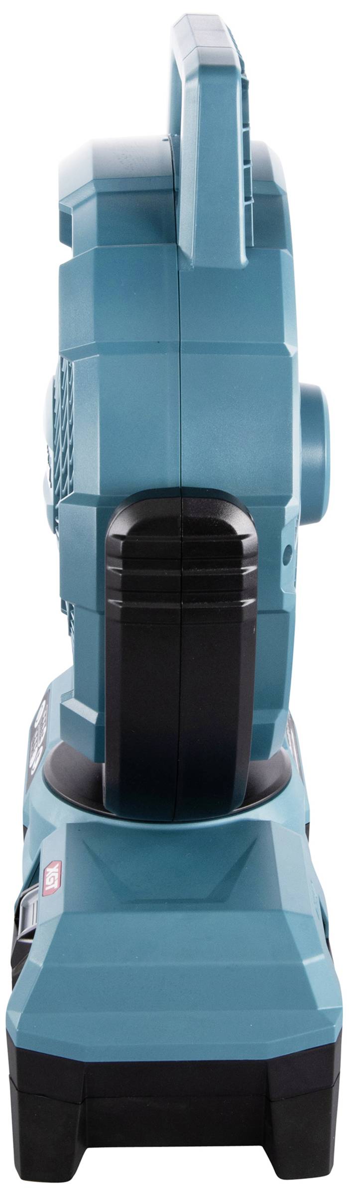 Battery-operated fan viewed from the side, in turquoise with a black handle. Compact and portable, designed for mobile use.