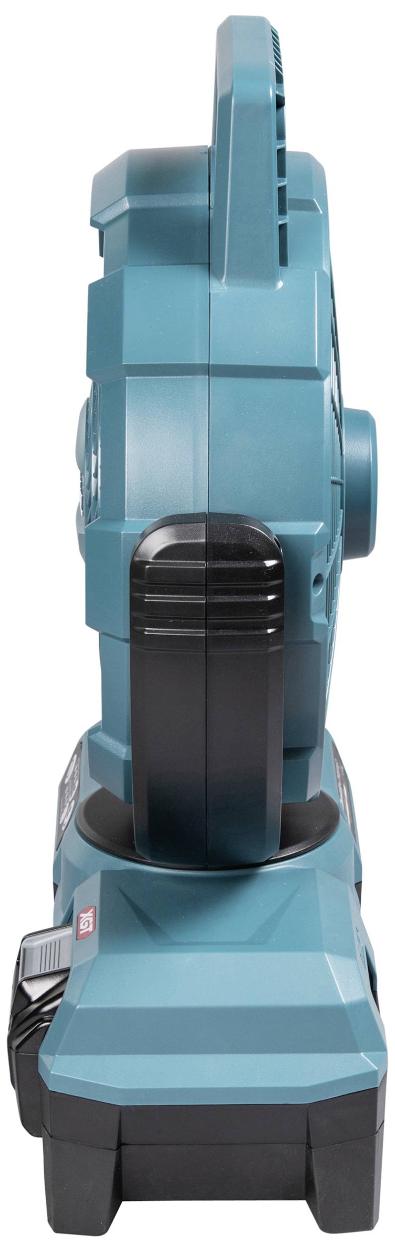 Battery-powered fan in side profile, blue-black colour, compact design.