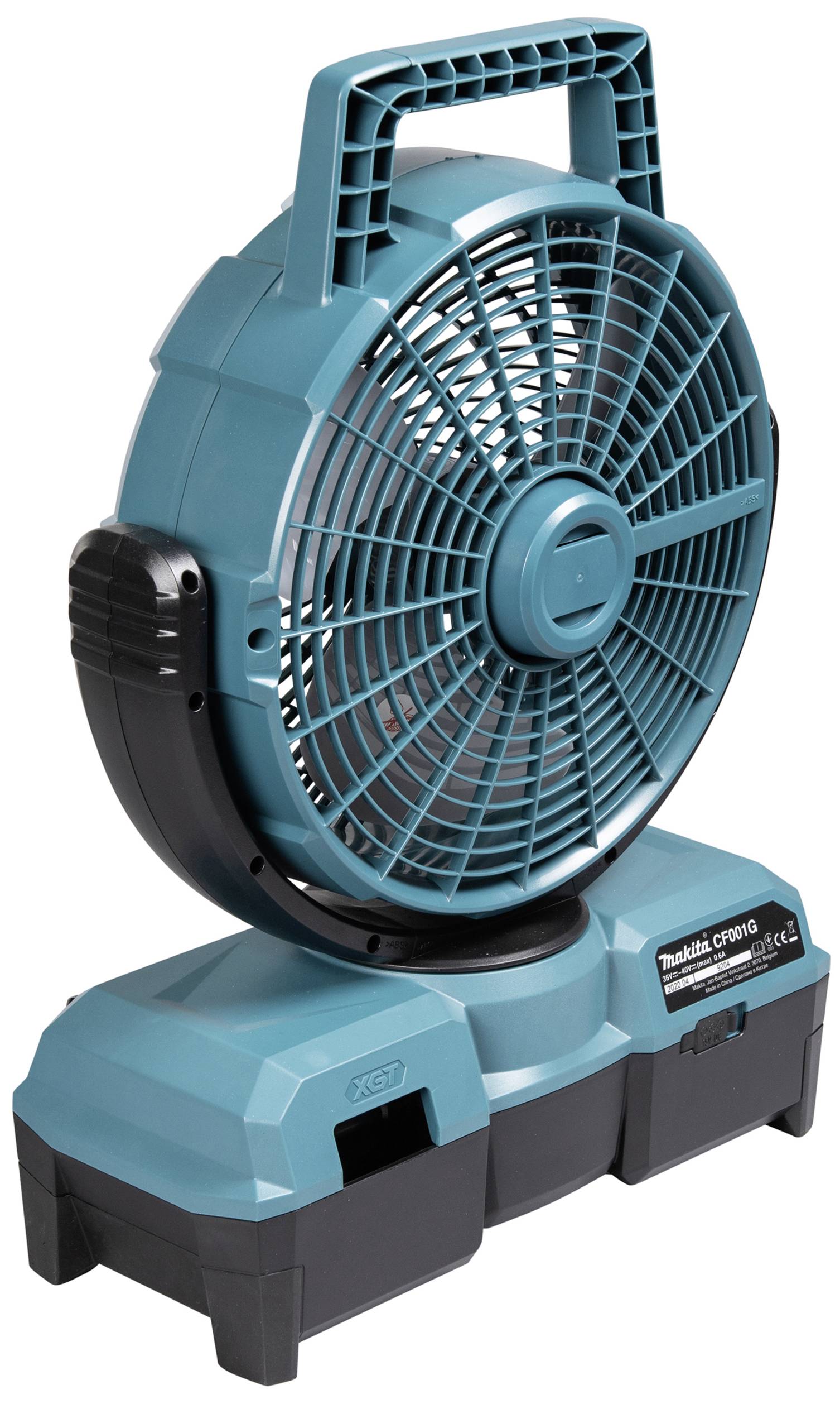 A portable, blue fan with a handle, suitable for use in workshops or construction sites.