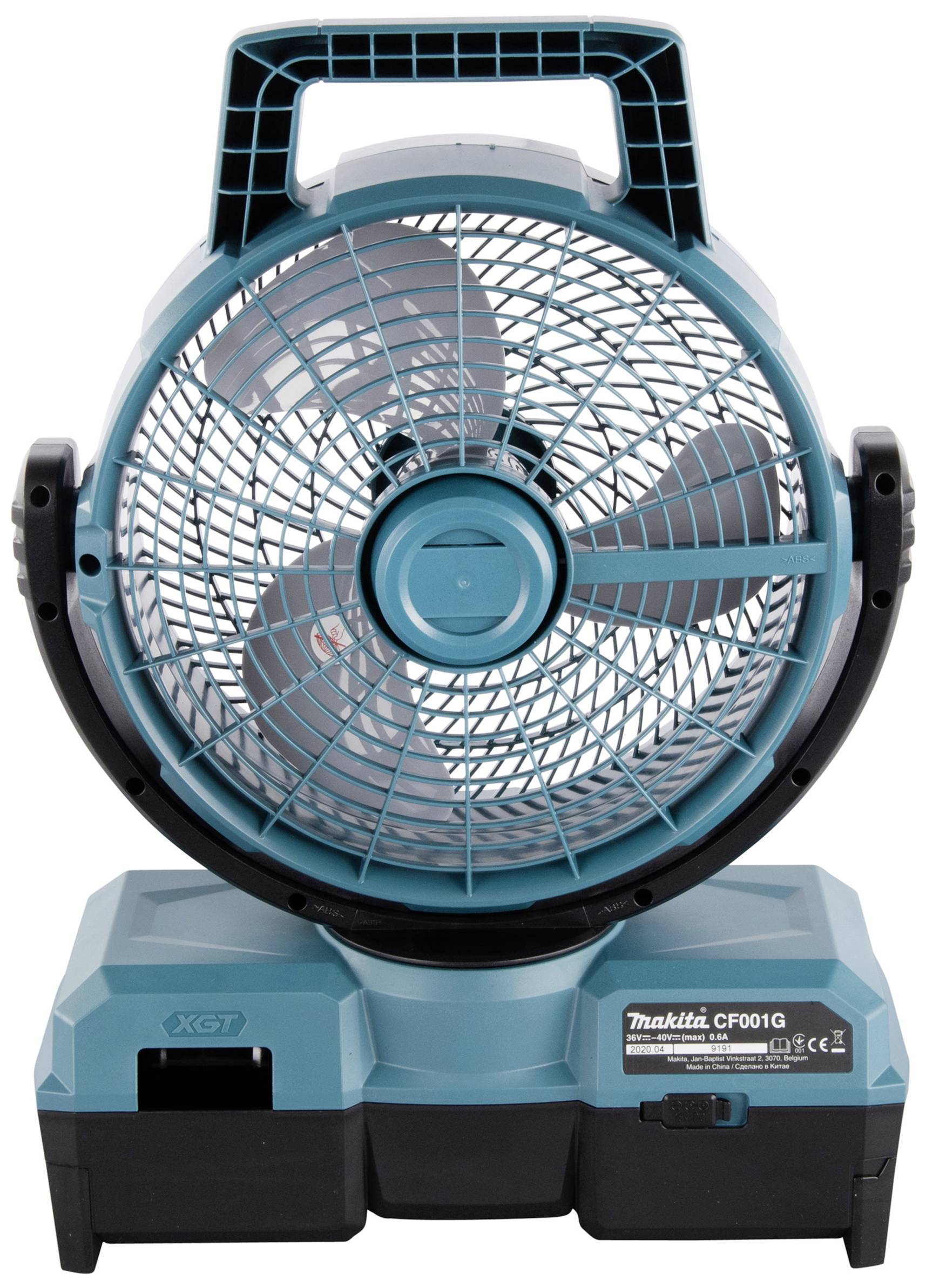 A blue, portable fan with a round grille, handle on top and sturdy base, suitable for construction sites or workshops.