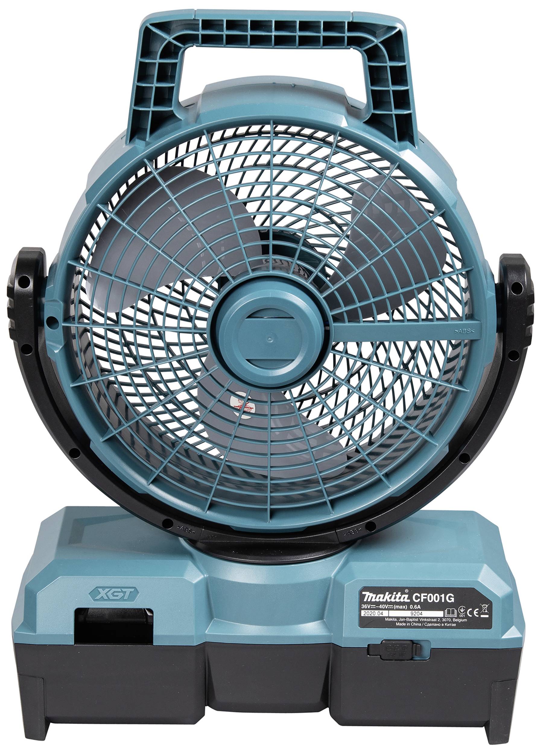 A portable, battery-powered fan in blue, brand name on the front, with a handle for easy transportation.
