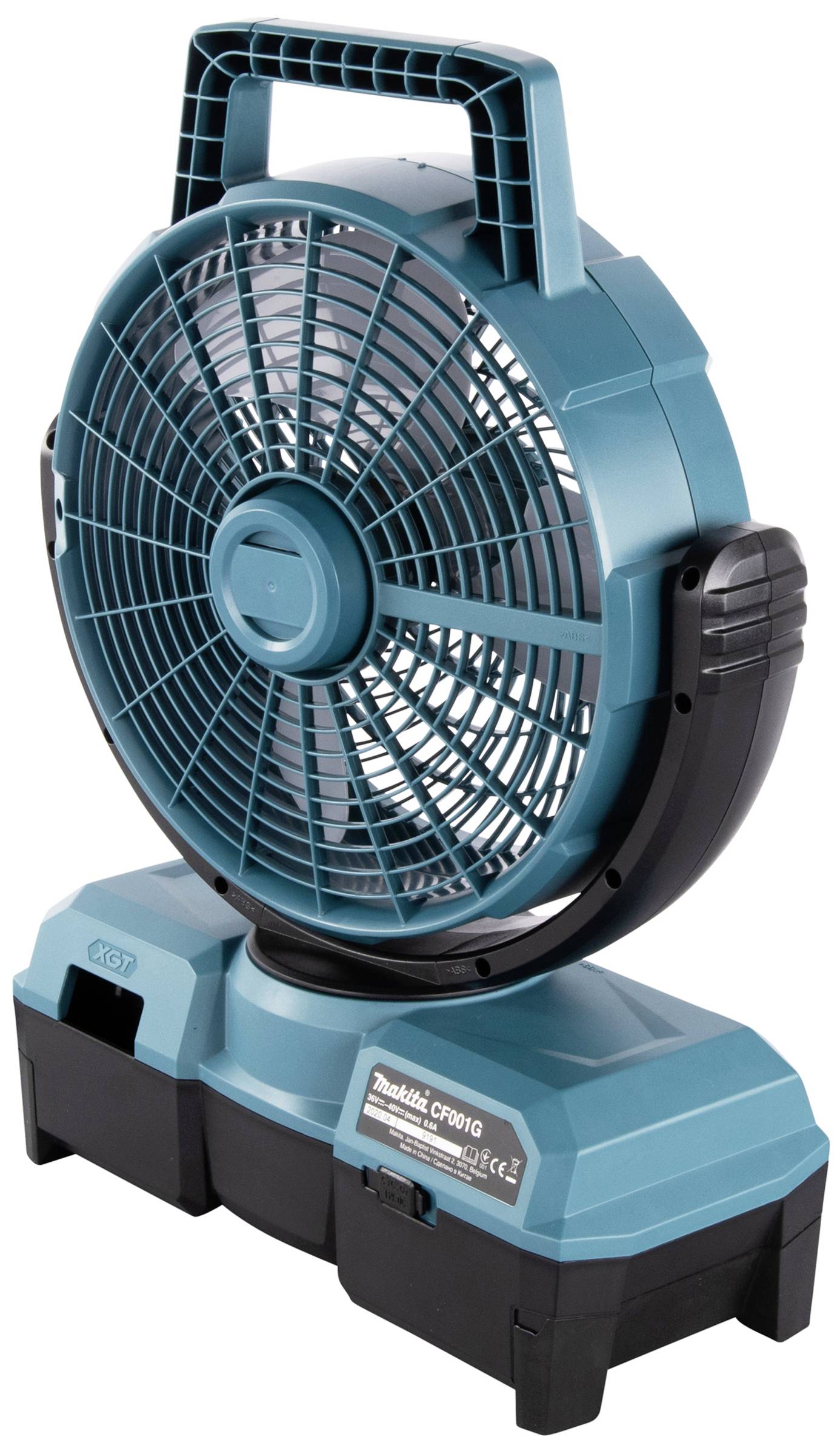 A portable, turquoise-coloured fan with a handle, mounted on a rectangular base. Ideal for mobile ventilation tasks.