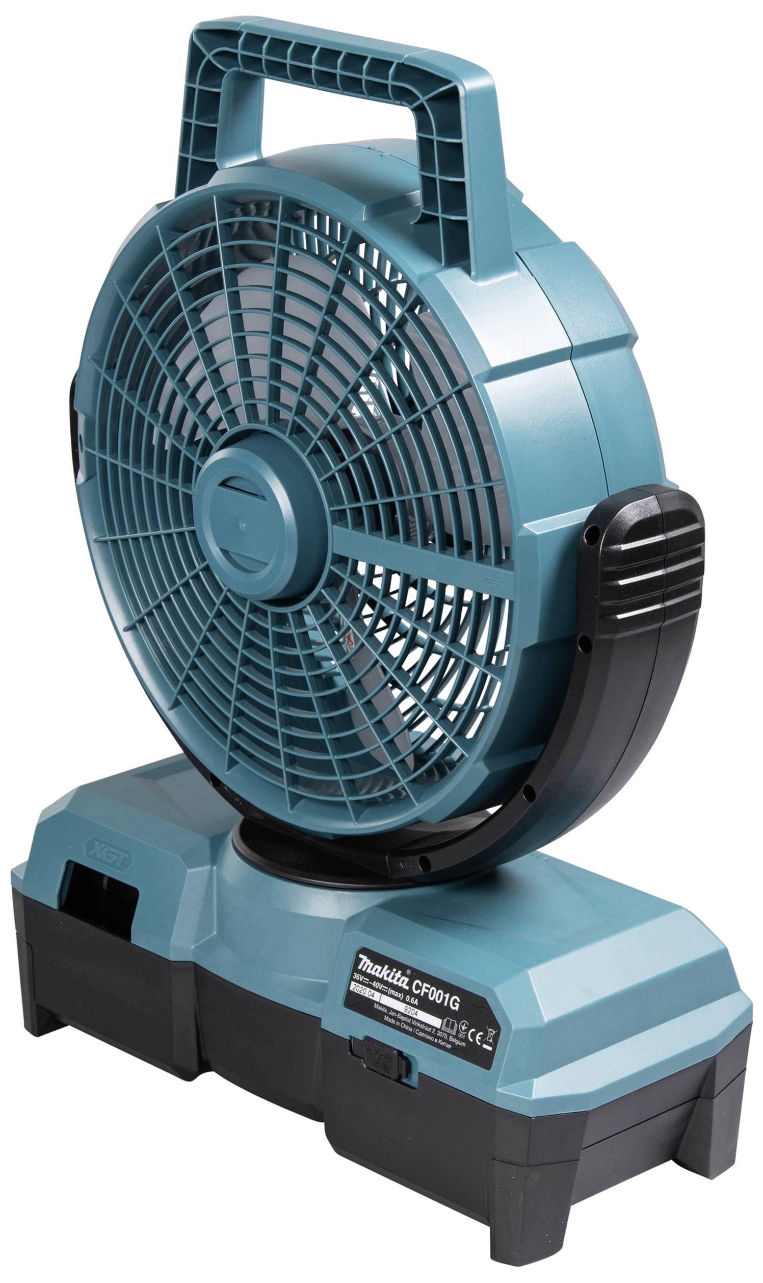 A portable, navy blue fan with a handle, mounted on a detachable battery compartment.