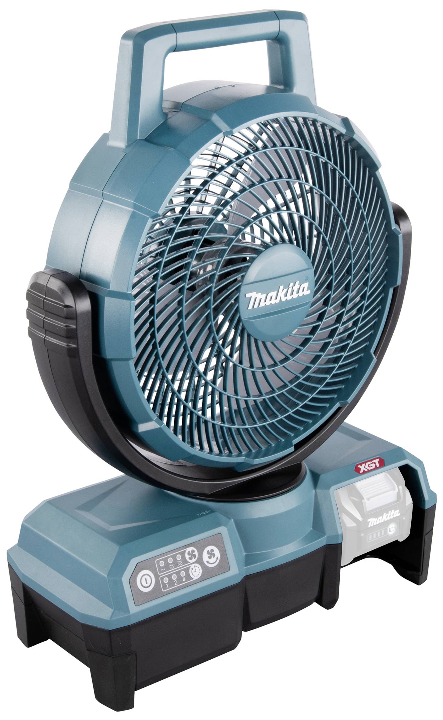 Portable blue fan with handle, resting on a battery-powered base. 'Makita' brand logo in the centre of the fan.