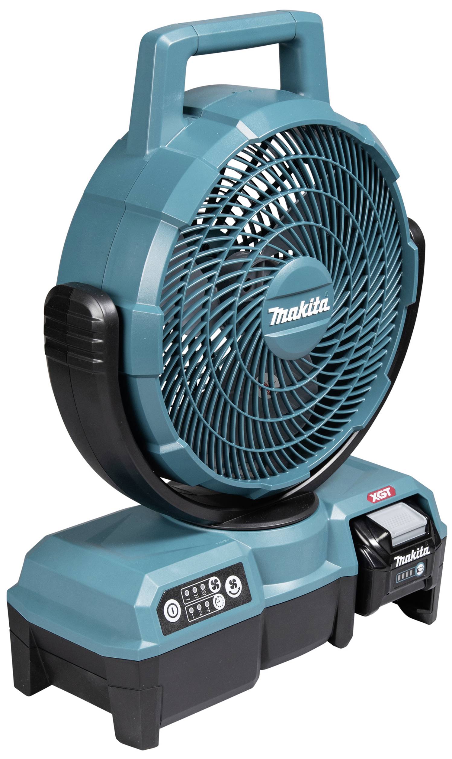 Blue portable fan with handle. 'Makita' brand name on the front. Fan has control buttons at the base.