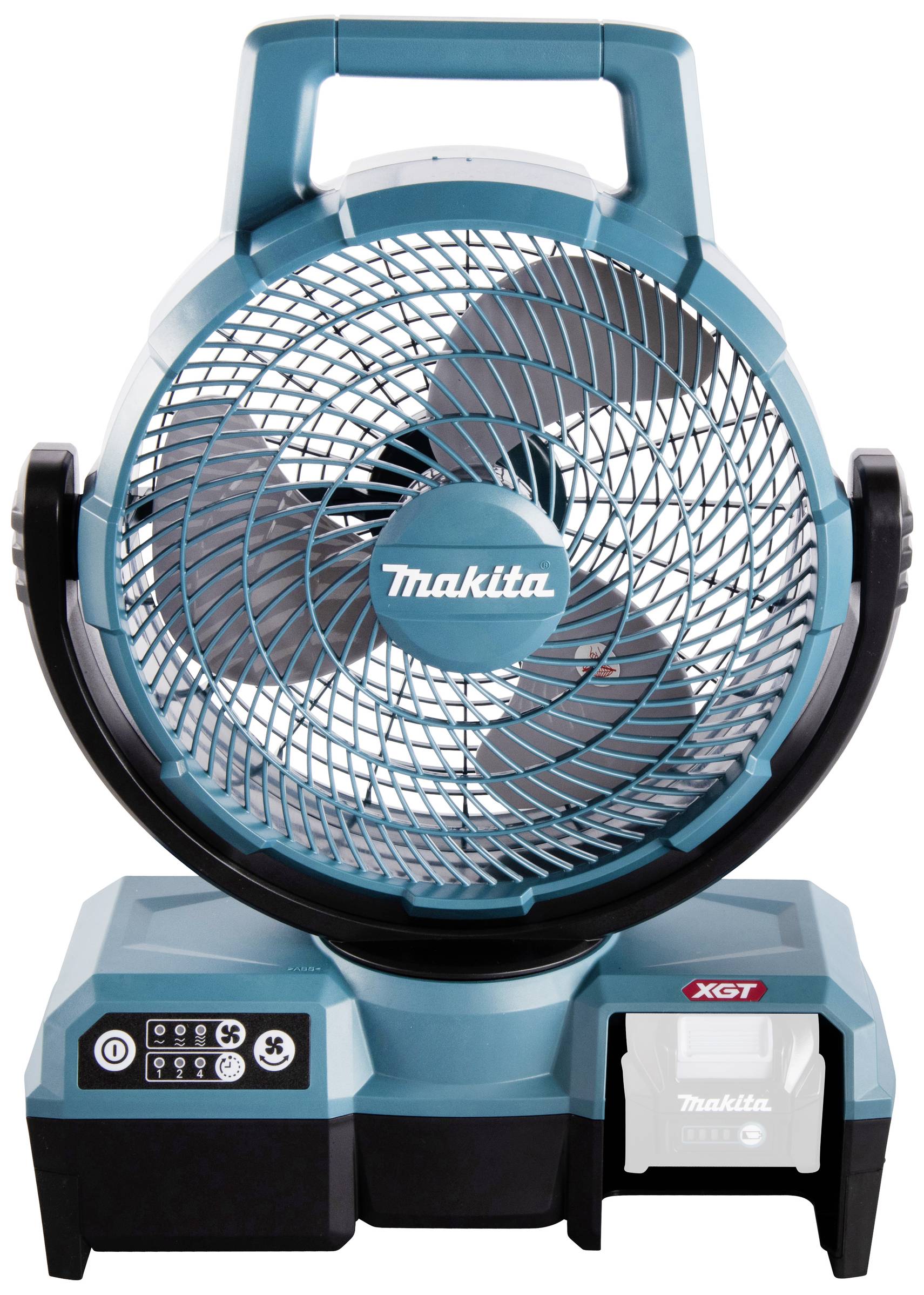 A turquoise, portable fan by Makita with four fan blades, a handle on top, and controls at the base.