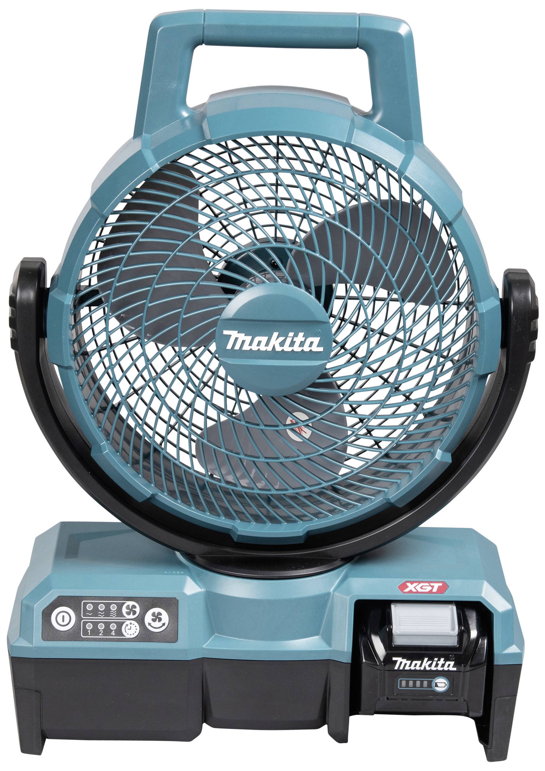 Portable, cordless fan by Makita in turquoise with a black base, battery-operated and suitable for construction sites.