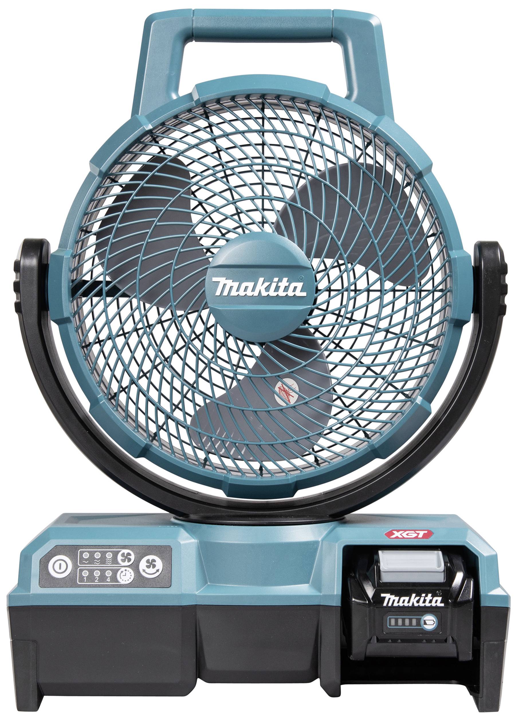 A blue Makita battery-powered fan with stand base and carry handle, powered by an XGT battery, suitable for mobile applications.