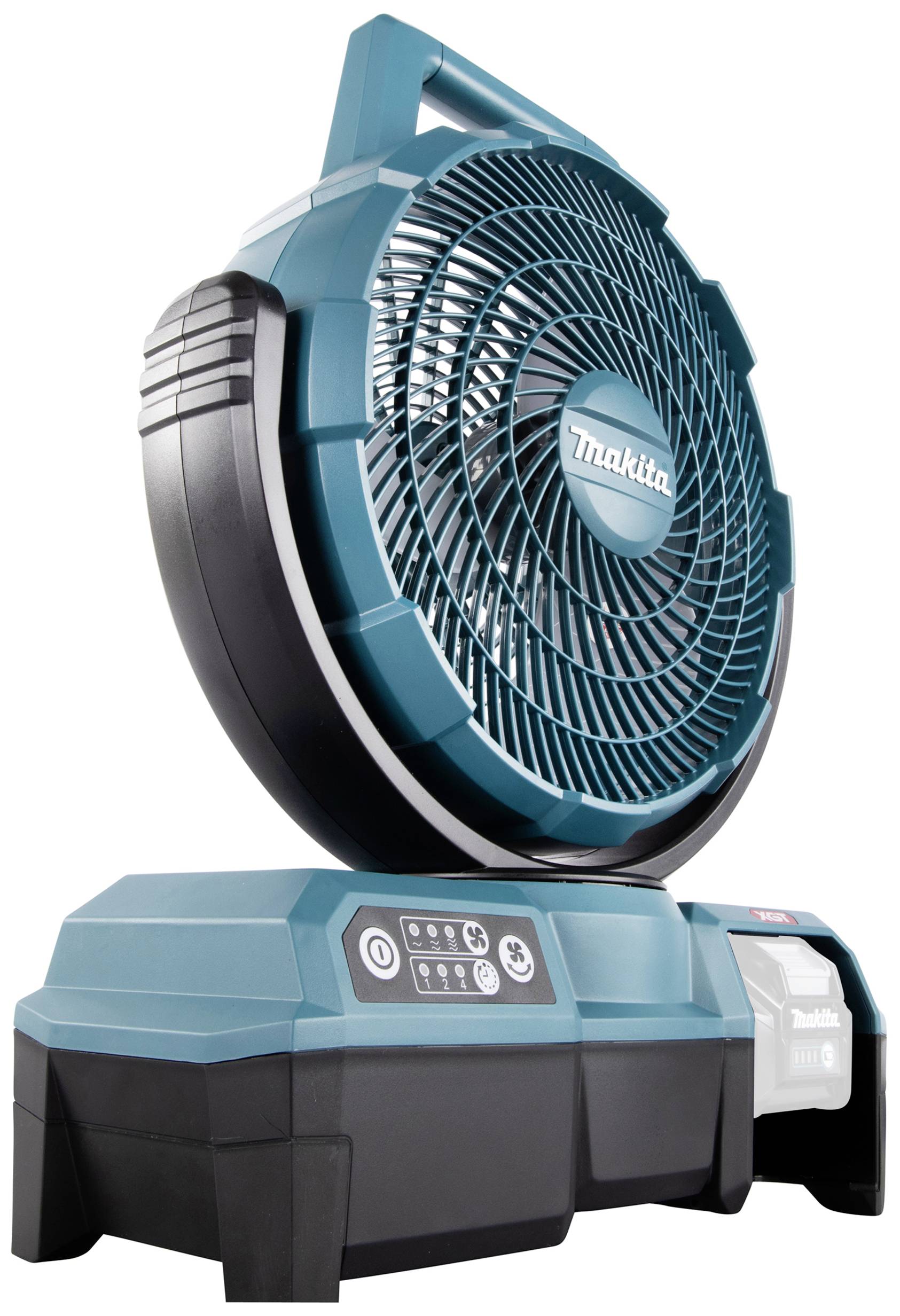 A blue pedestal fan with a black grille and control panel. The 'Makita' logo is visible in the centre of the fan.