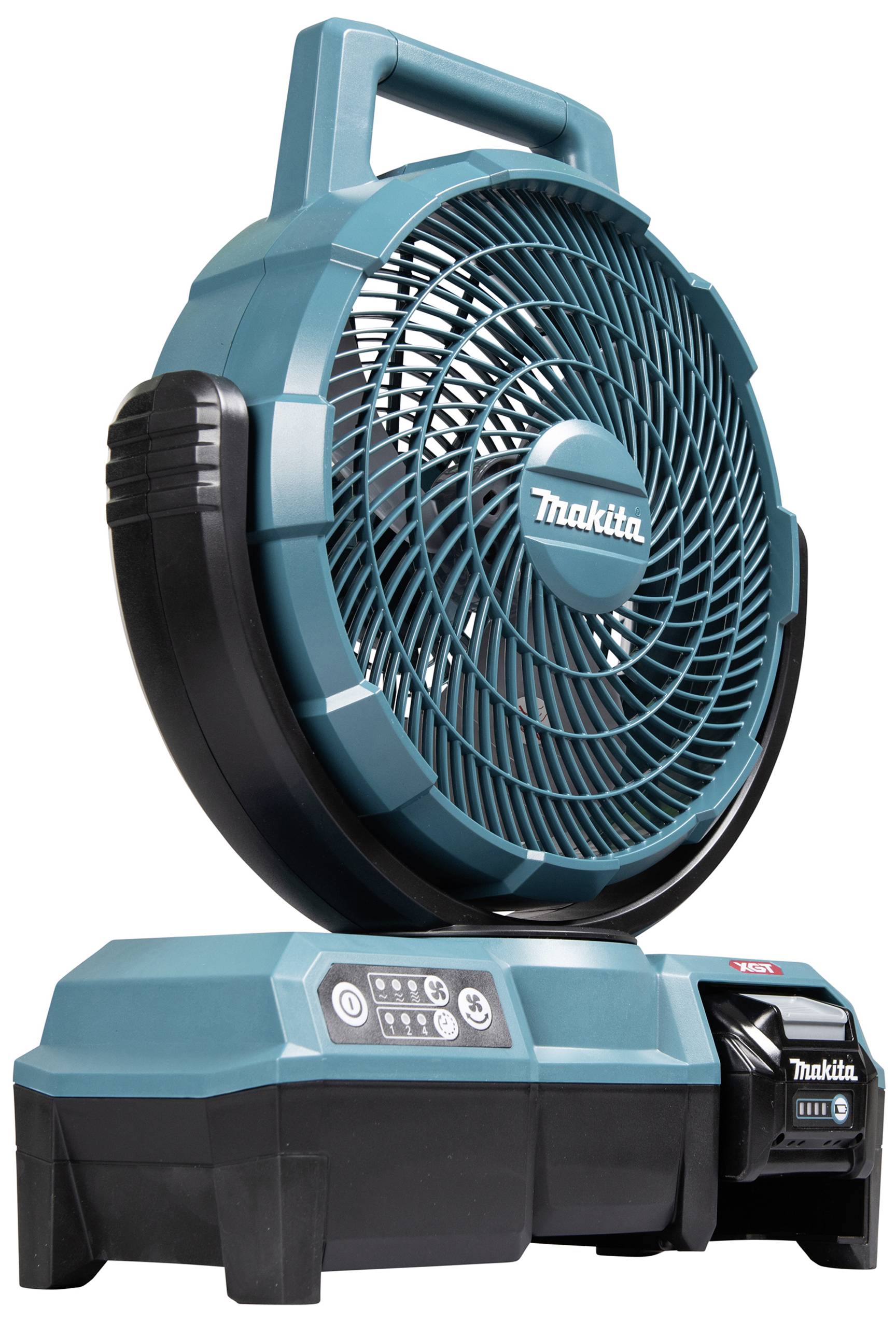 Blue Makita battery-powered fan with integrated control panel and carry handle, presented on a flat surface.