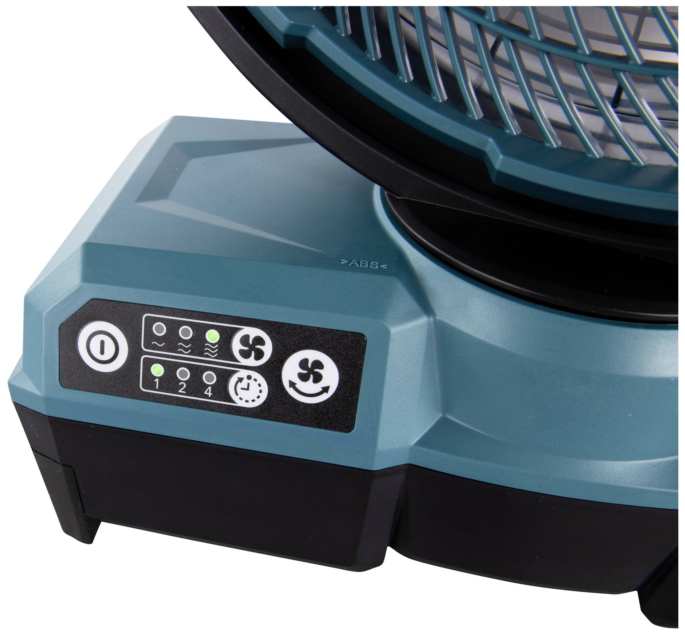 A navy-blue fan control unit with buttons for power on/off, speed settings, and timer display.