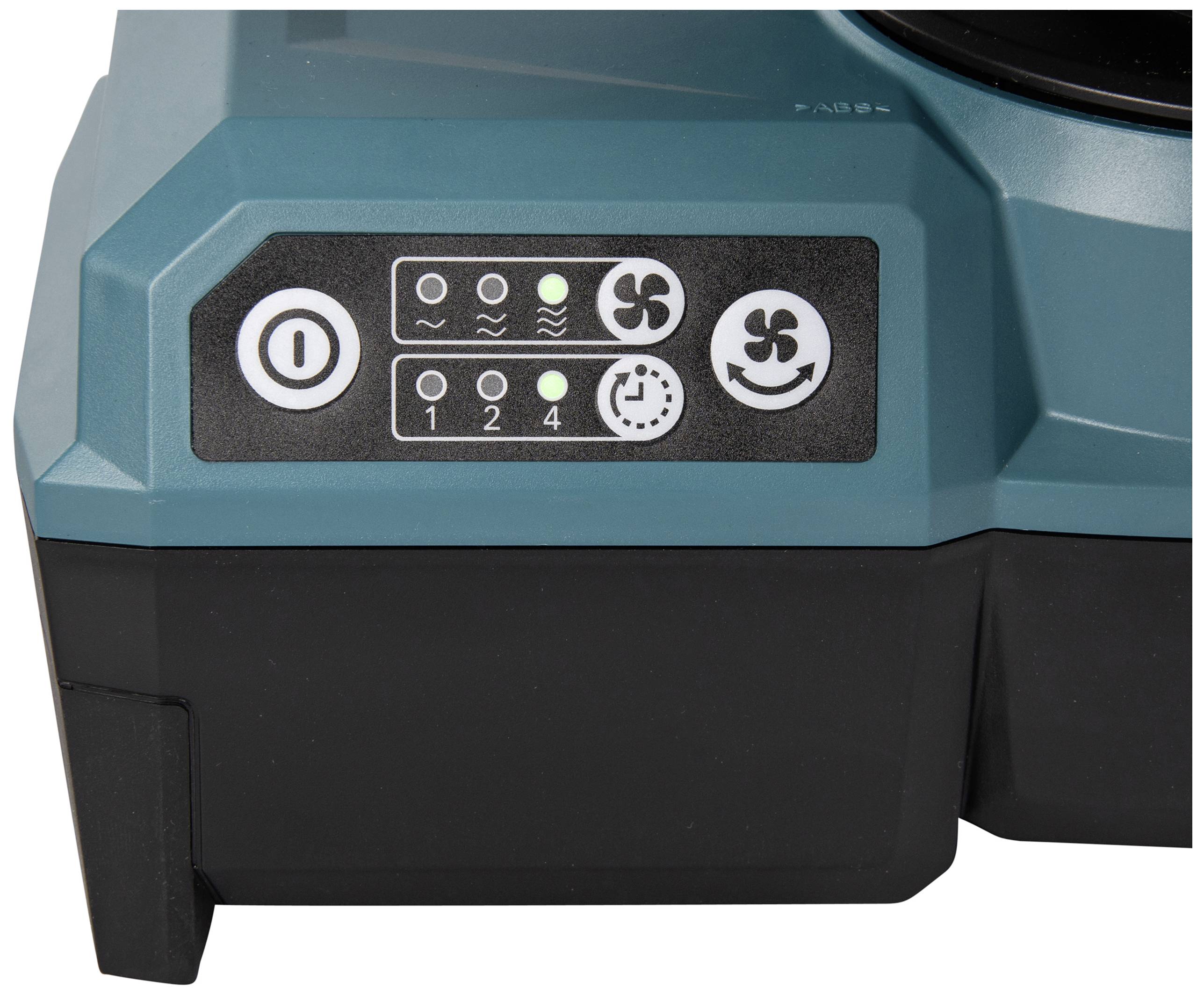 A machine control panel with five buttons: On/Off switch, three wave symbols with lights, timer symbol, and fan symbols.