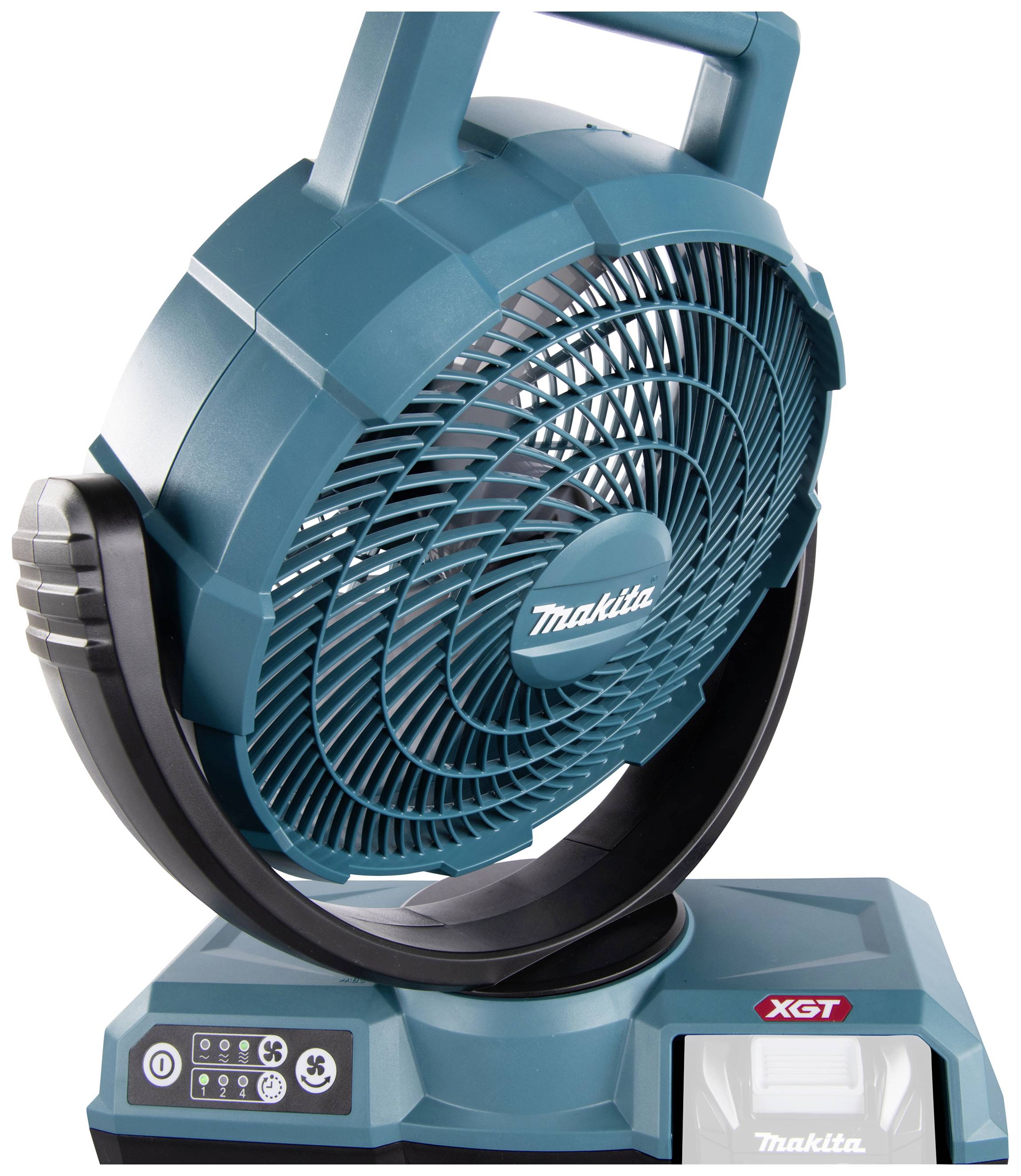 Portable blue Makita XGT fan with carry handle, tilting head, and control panel with four buttons on the front.