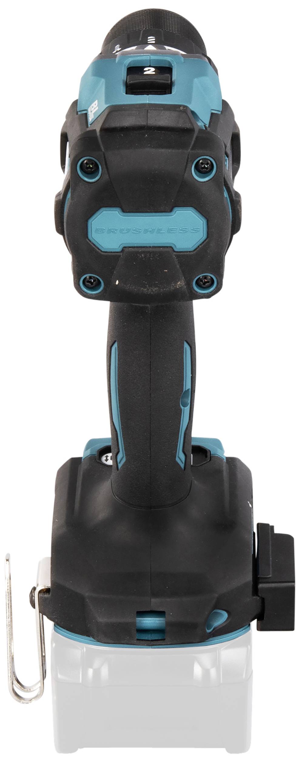 Black and turquoise cordless drill with non-slip grip, mounted on white base stand; suitable for DIY and craft work.