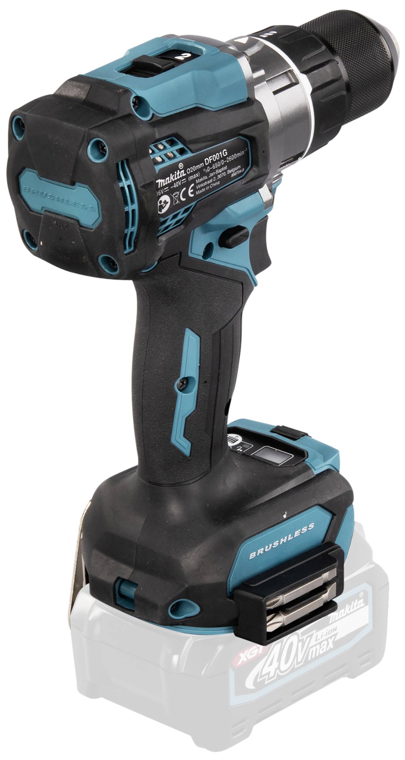 Cordless drill with a blue and black casing, showing the handle and parts of the battery.