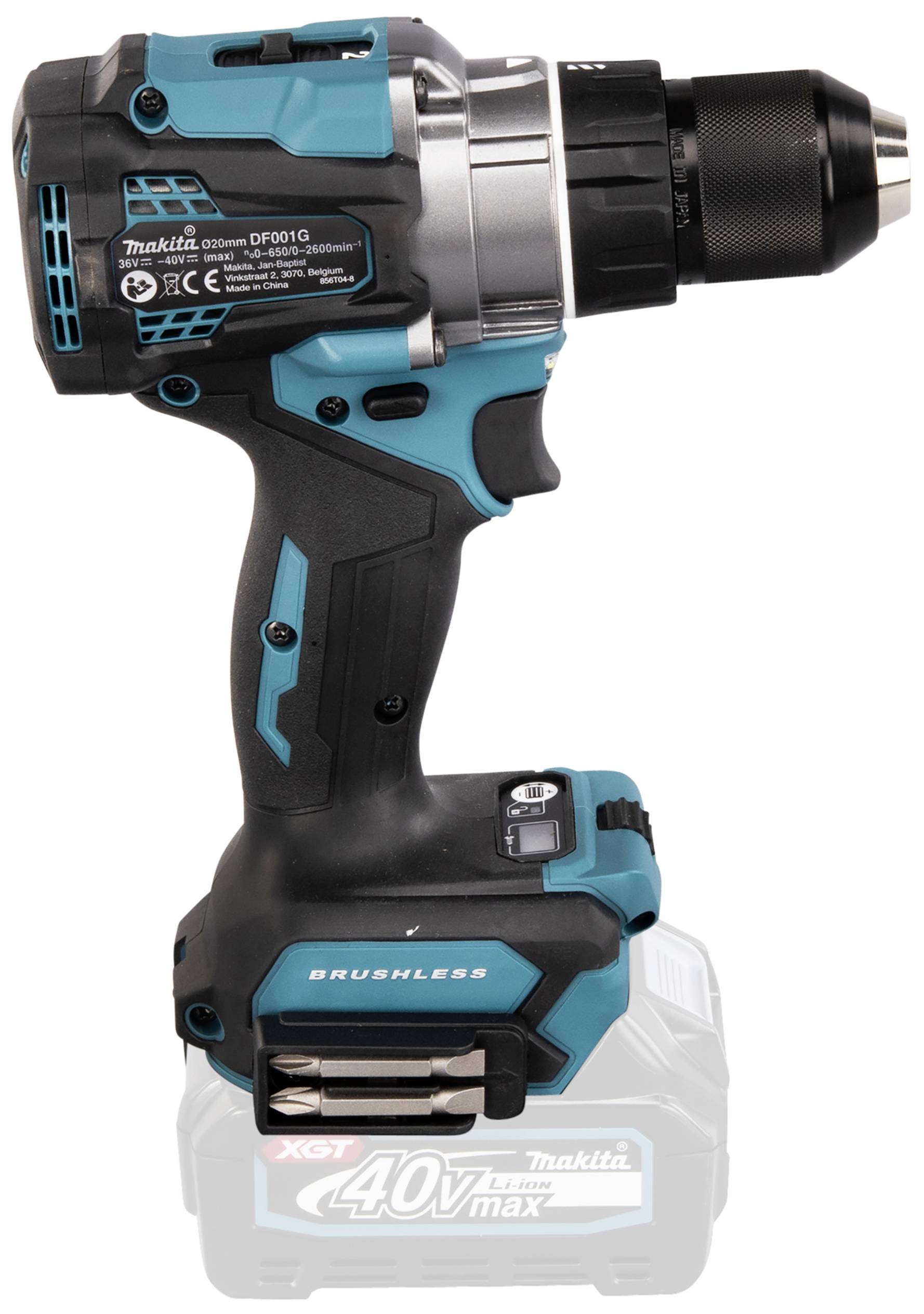 Cordless drill in blue and black, with grey accents and large chuck, against a white background.