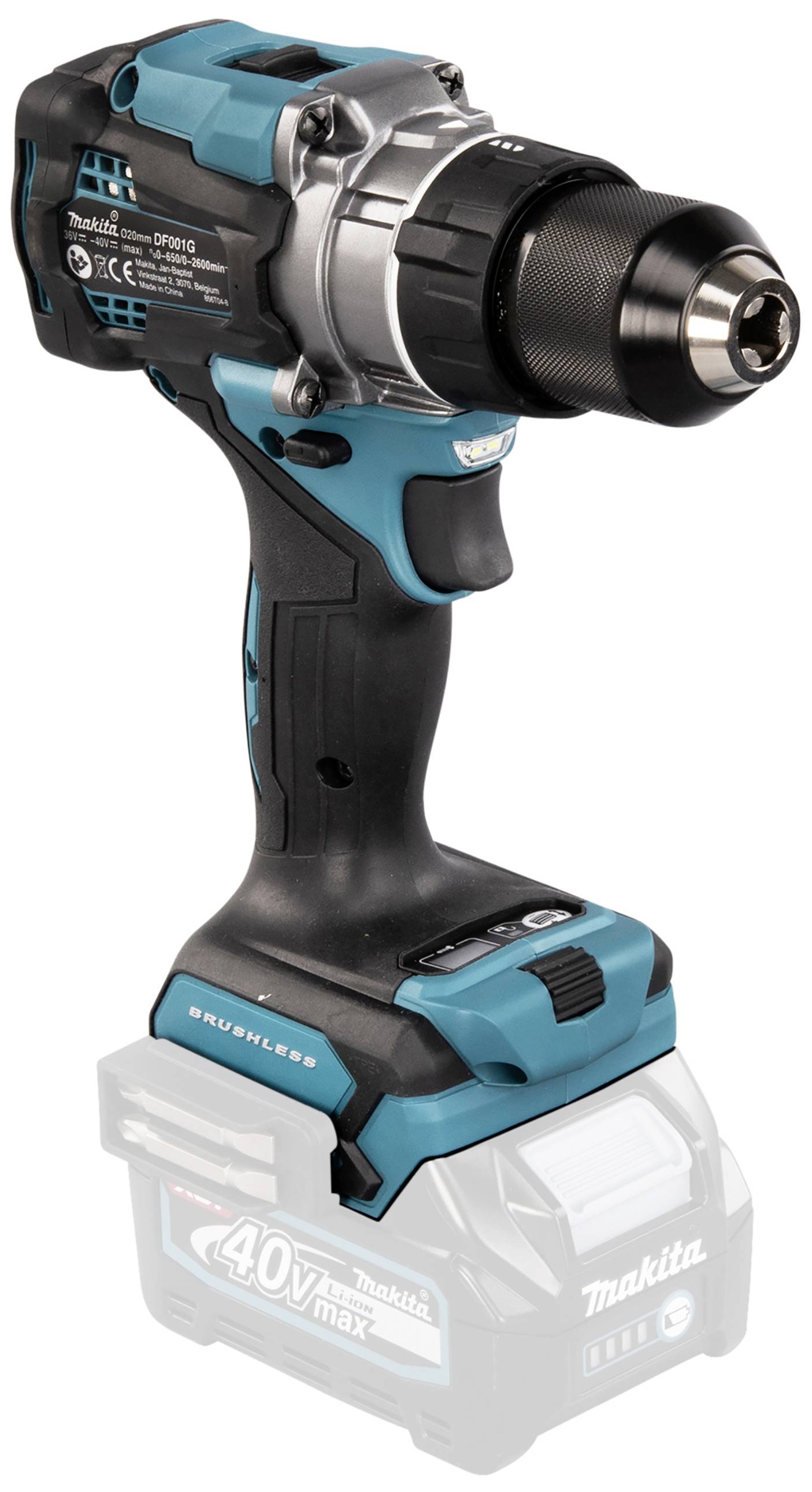 Cordless, brushless battery drill with ergonomic handle, blue-black casing, and 40V battery.