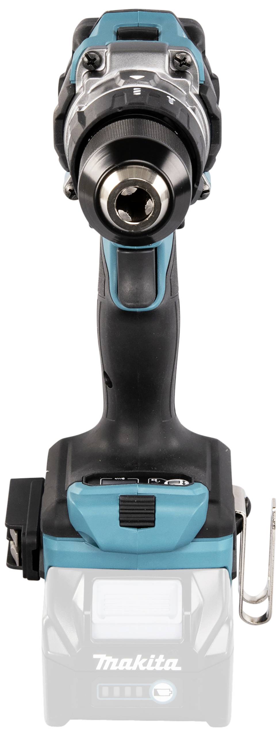 Cordless drill driver, black and blue, front view. Battery located at the bottom. Ideal for DIY projects and professional applications.