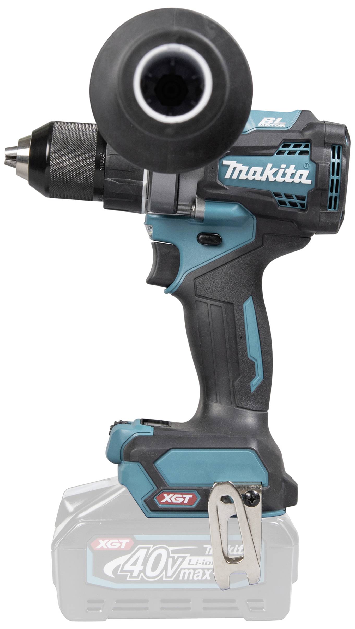 Black and teal Makita drill driver in the XGT model, with a 40-volt battery for powerful drilling and screwdriving.