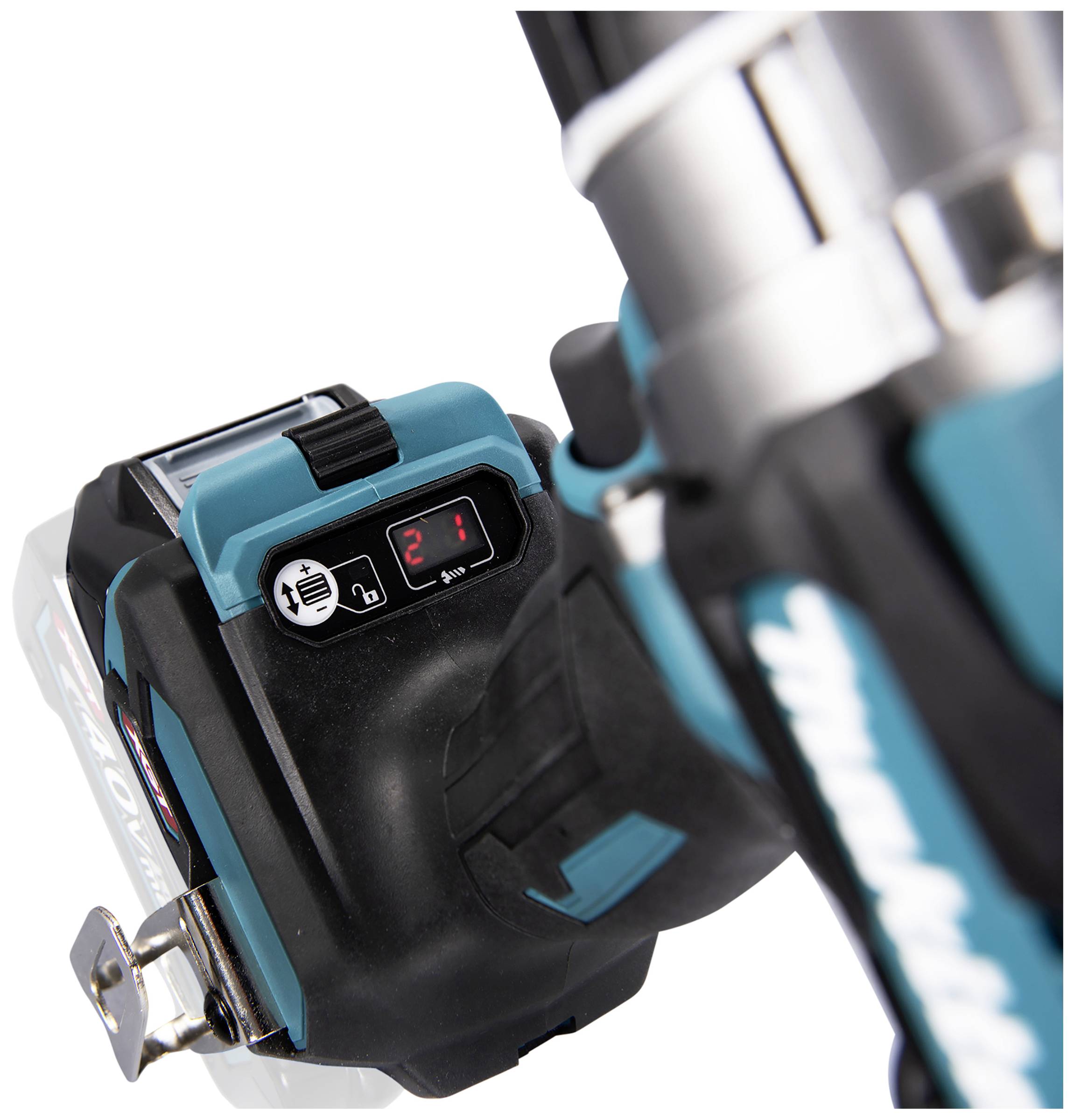 Close-up of an electric power tool with charging indicator, displaying '2 Ah'. Battery in focus, brand name visible, tool partially shown.