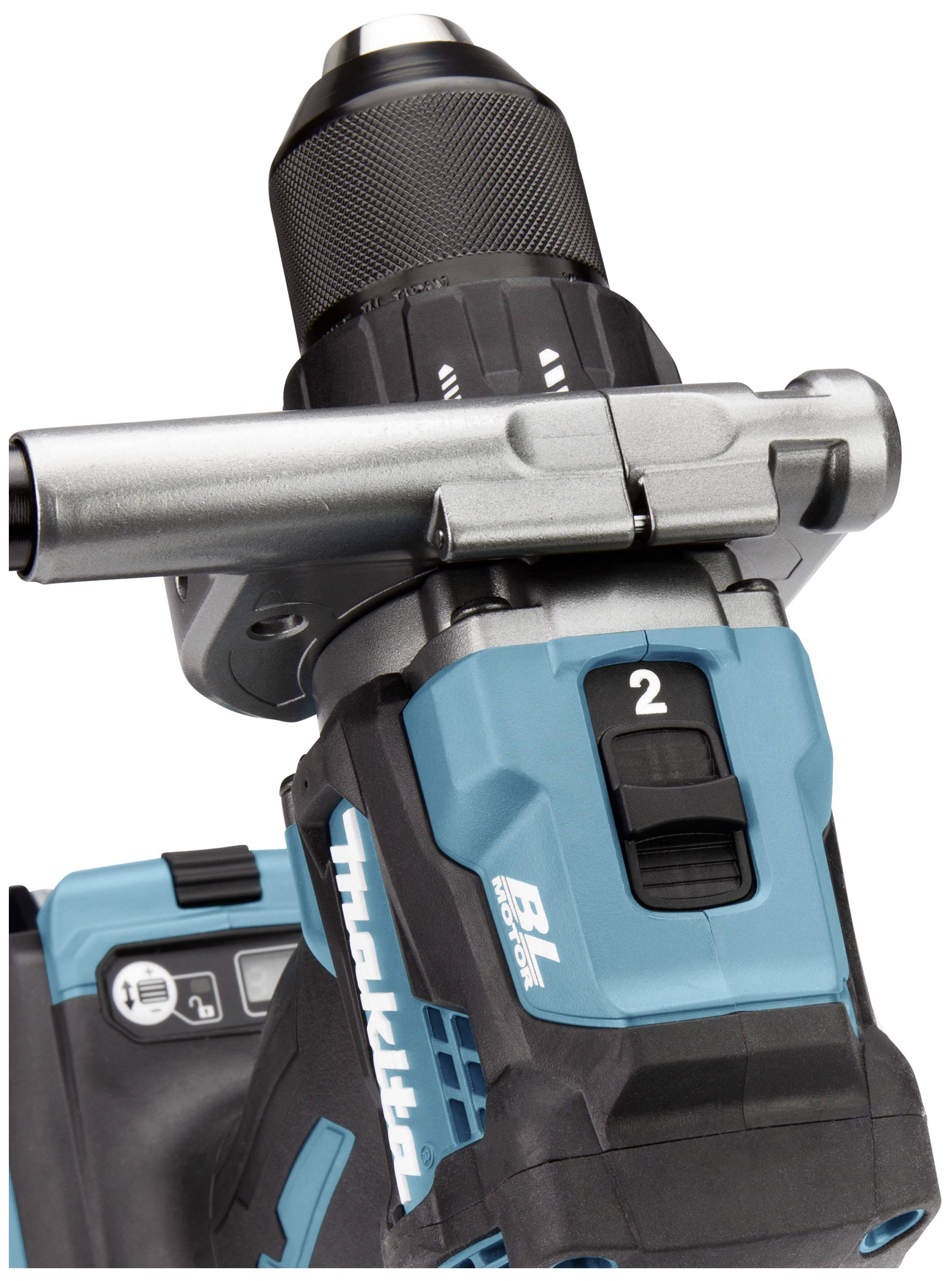 A blue cordless hammer drill with a grey metal chuck and black handle. The switch is set to '2'.