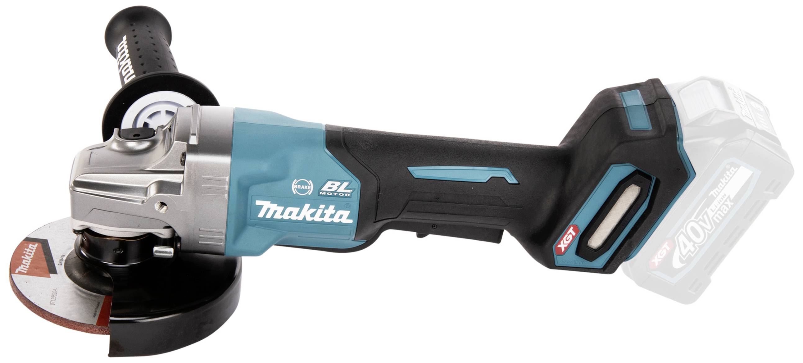 A blue, cordless angle grinder with a black handle and silver grinding head from the Makita brand.